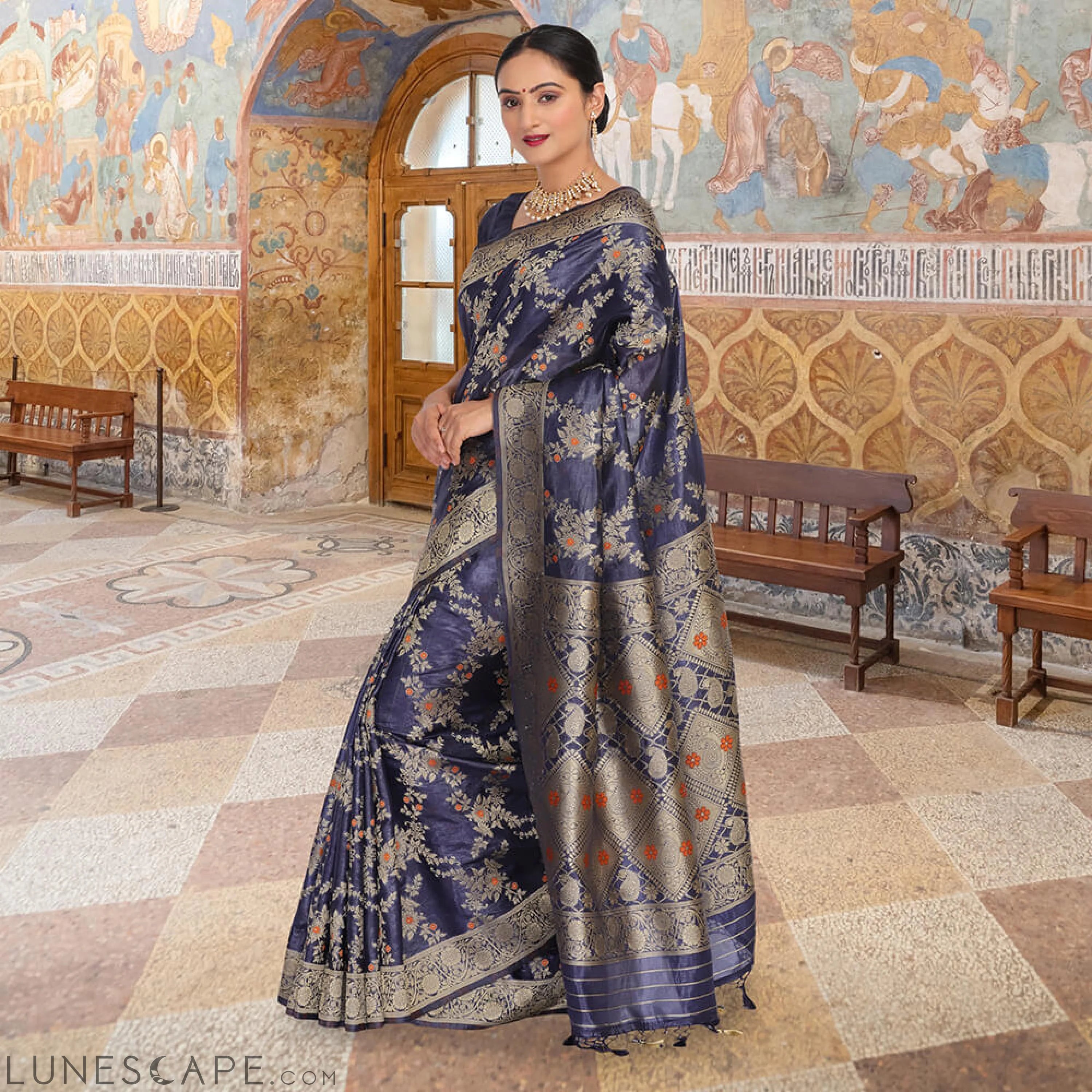 Chinya Silk Jaal Work Upada Saree - Navy Blue LUNESCAPE