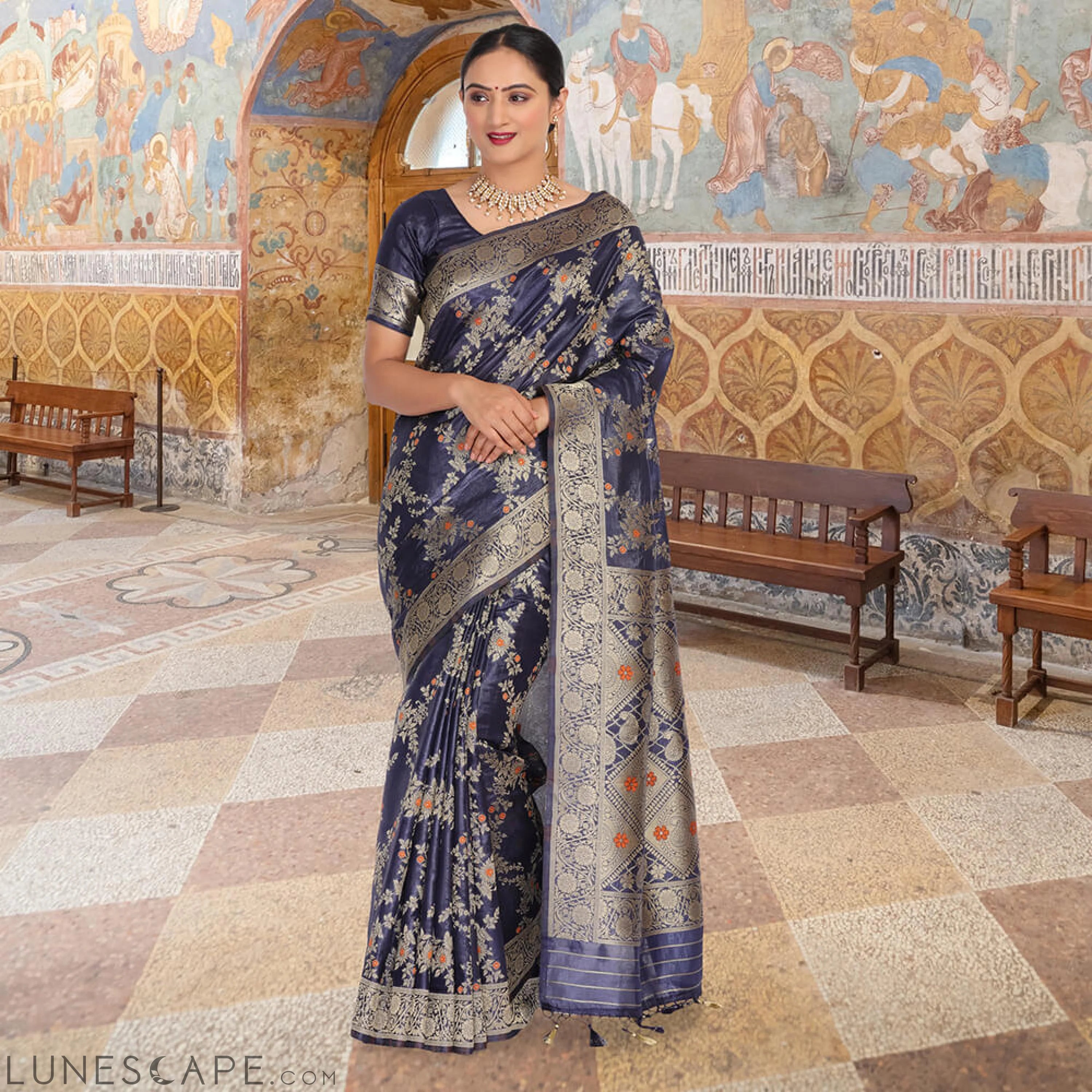 Chinya Silk Jaal Work Upada Saree - Navy Blue LUNESCAPE