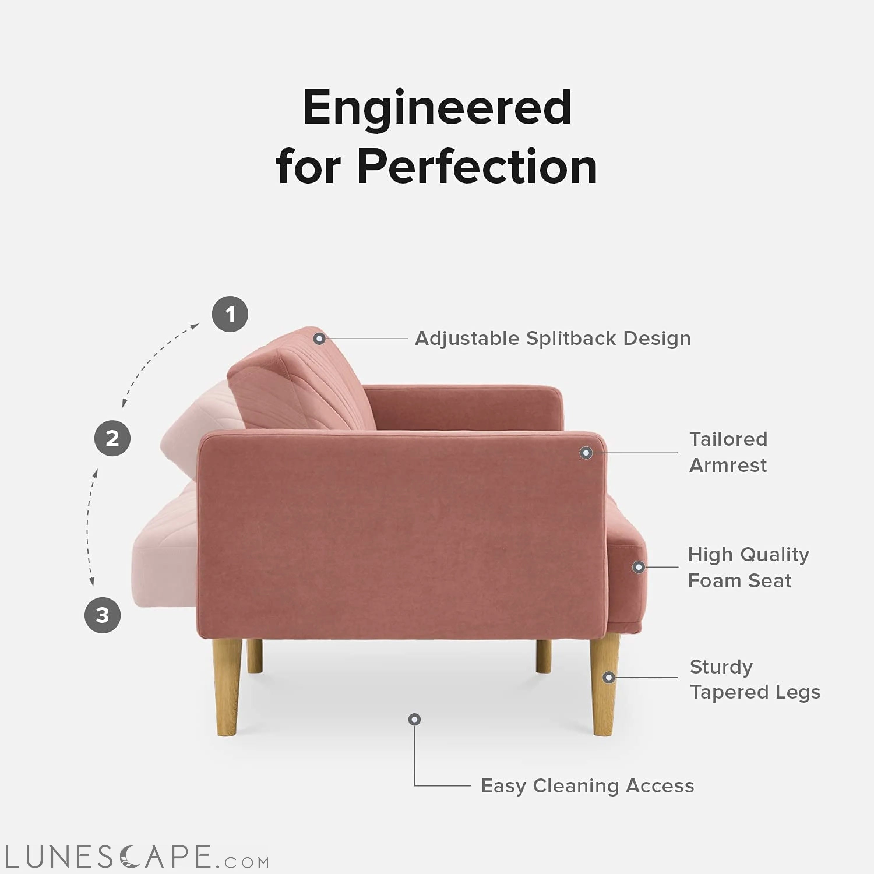 Chloe Futon Sofa Bed with Tapered Legs LUNESCAPE