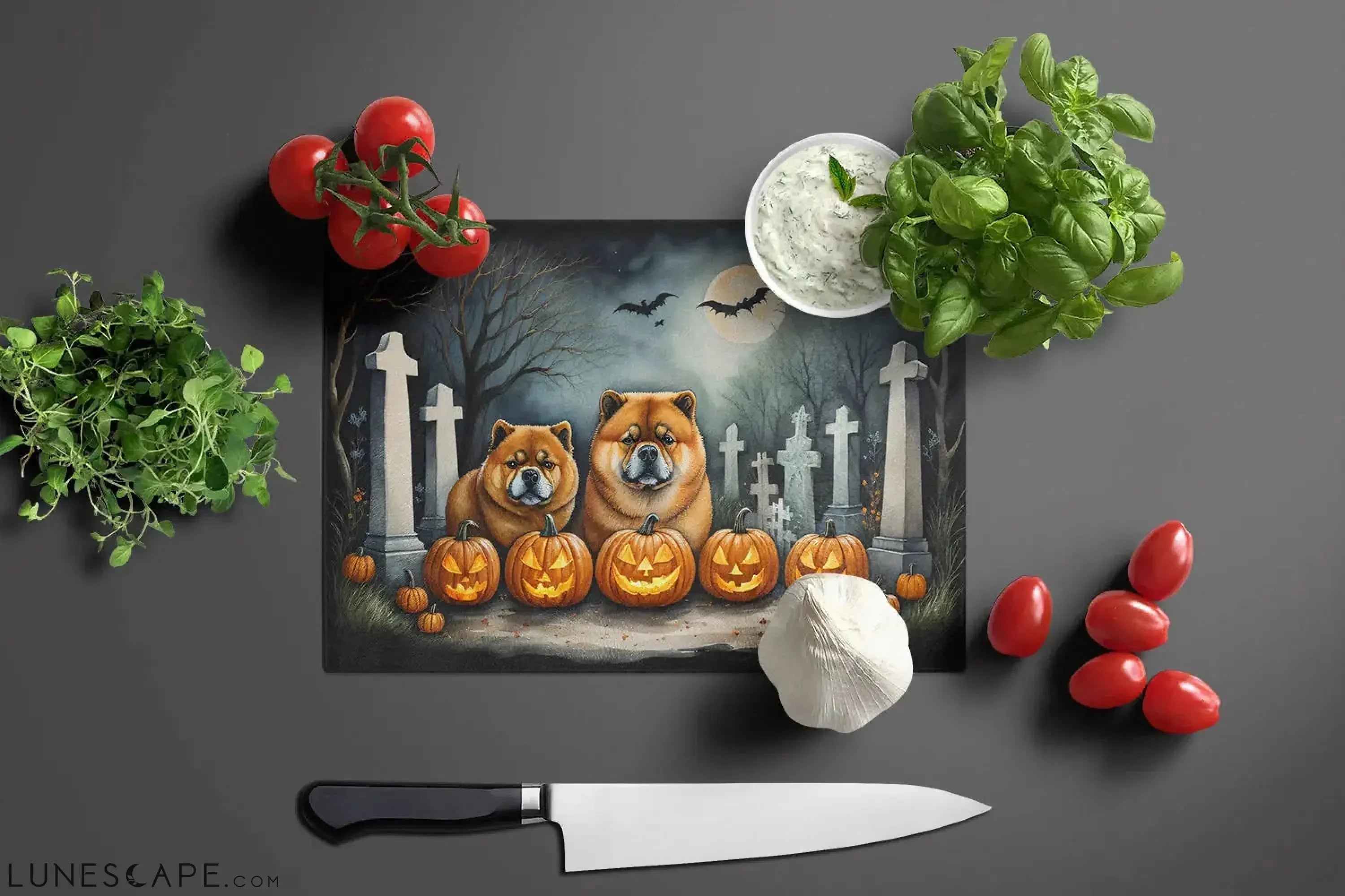 Chow Chow Spooky Halloween Glass Cutting Board LUNESCAPE