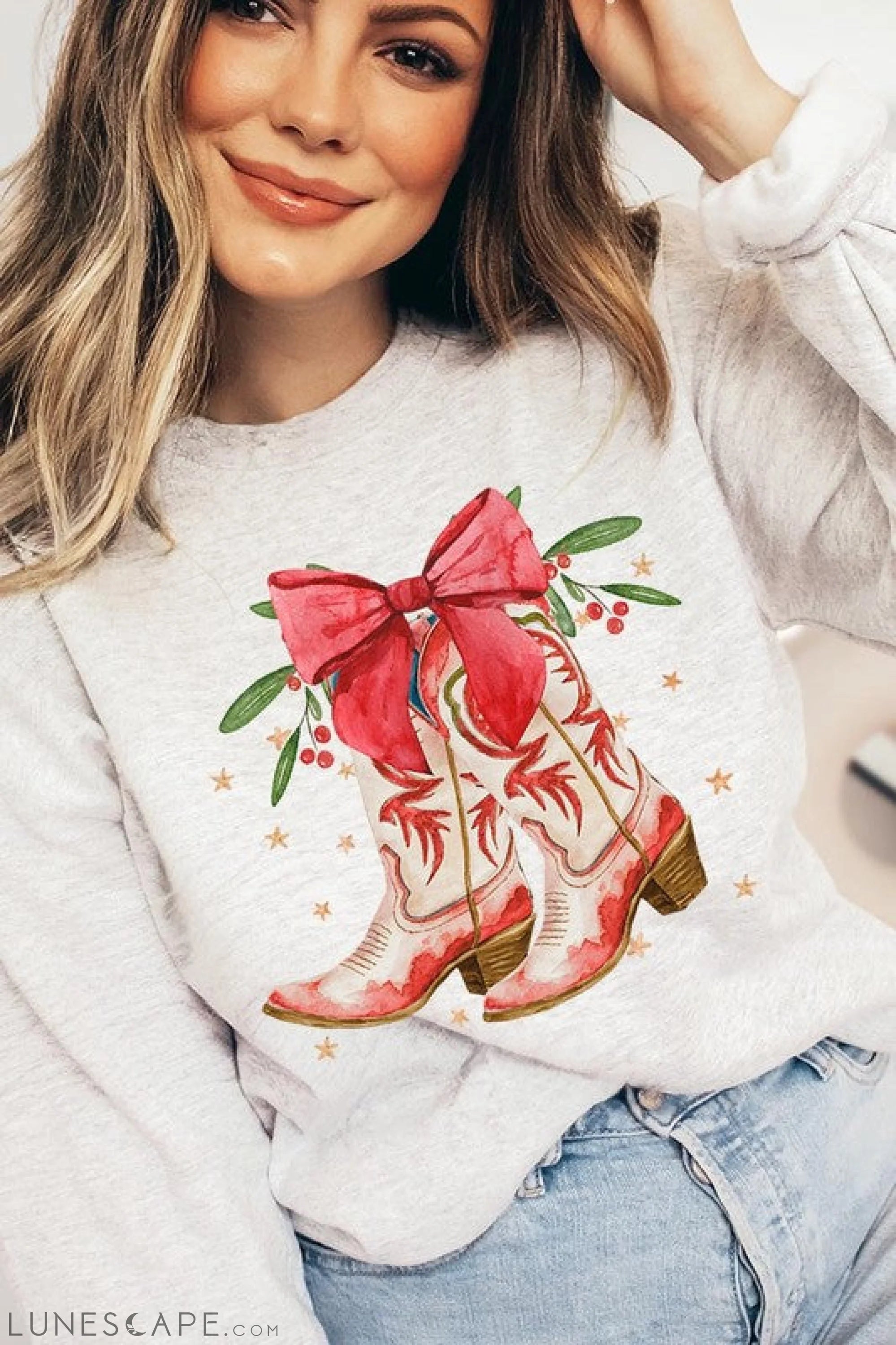 Christmas Cowgirl Boots Graphic Fleece Sweatshirts LUNESCAPE