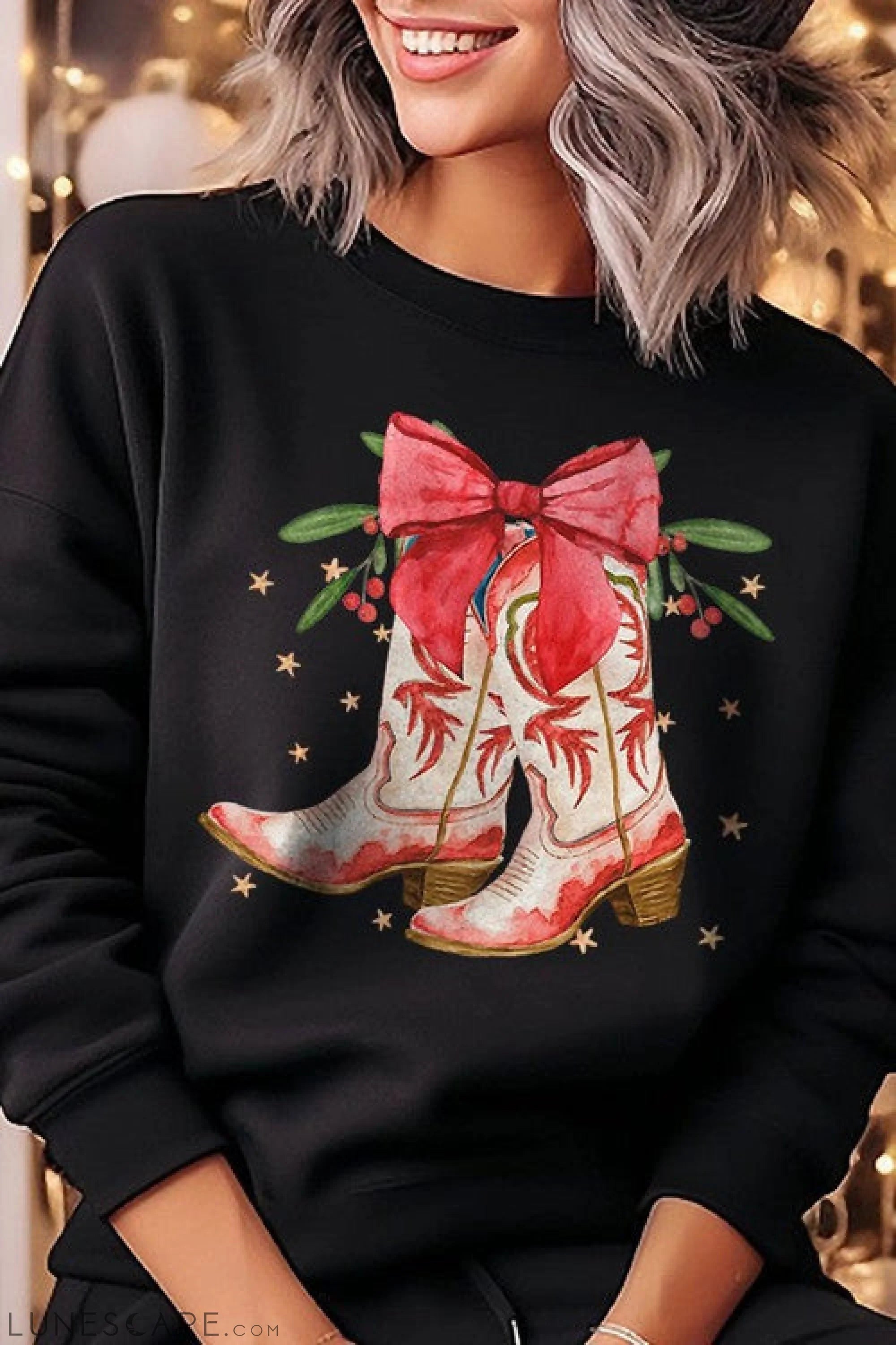 Christmas Cowgirl Boots Graphic Fleece Sweatshirts LUNESCAPE