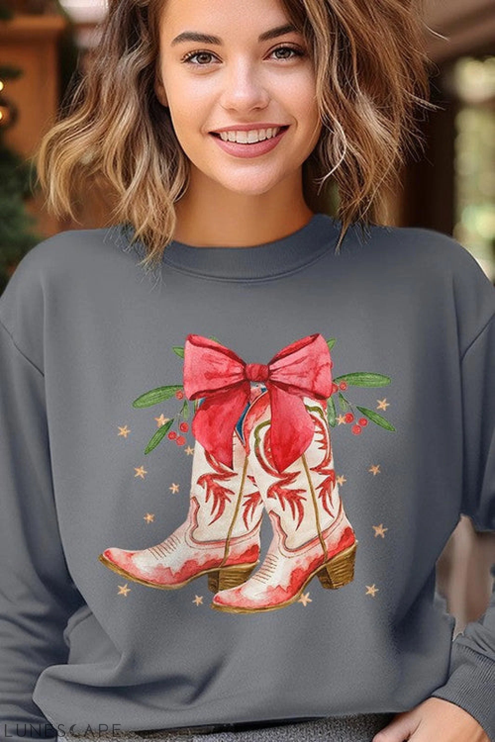 Christmas Cowgirl Boots Graphic Fleece Sweatshirts LUNESCAPE