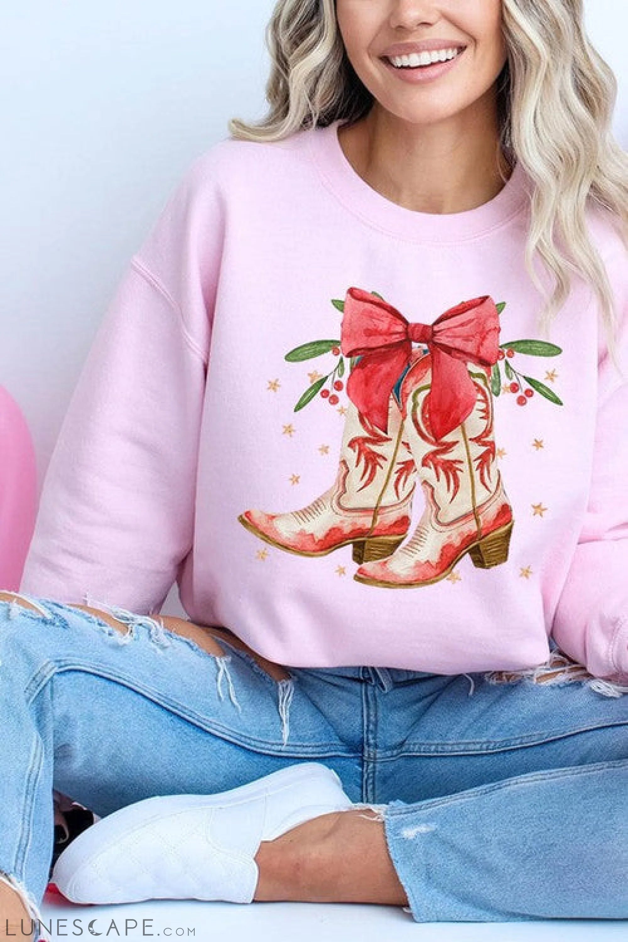 Christmas Cowgirl Boots Graphic Fleece Sweatshirts LUNESCAPE