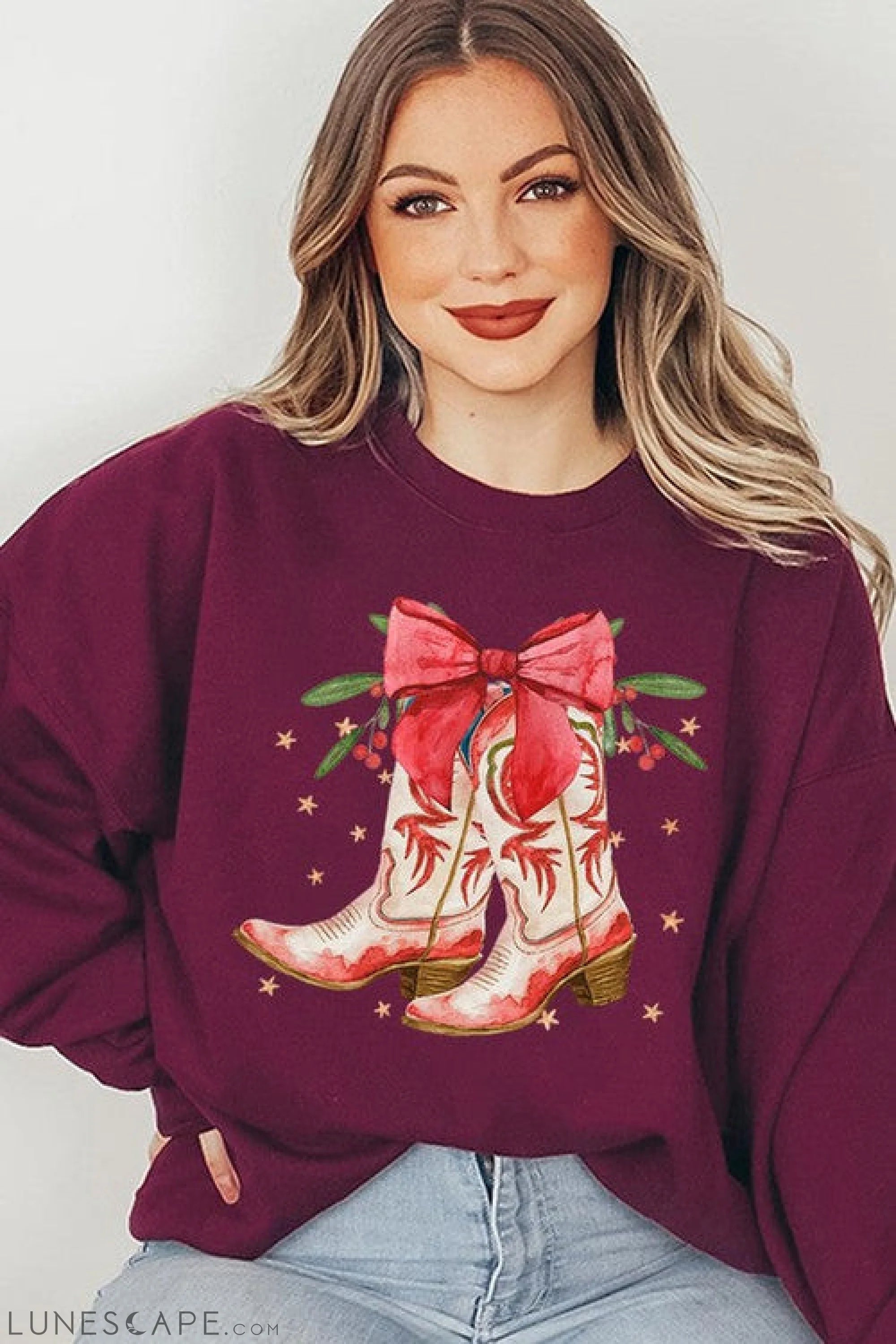 Christmas Cowgirl Boots Graphic Fleece Sweatshirts LUNESCAPE