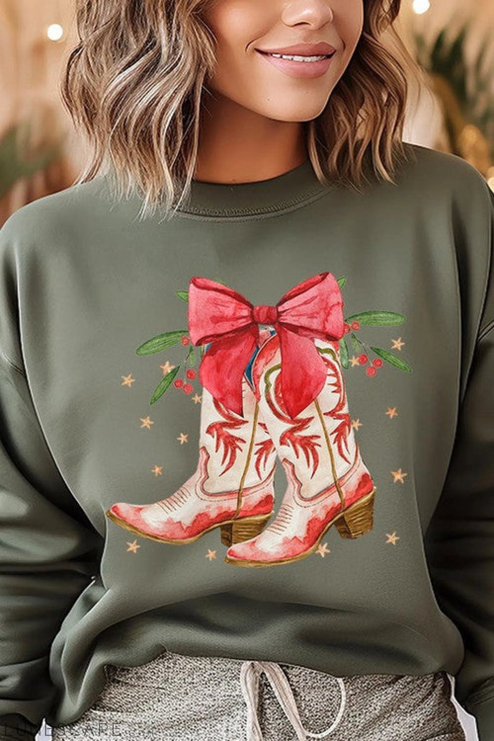 Christmas Cowgirl Boots Graphic Fleece Sweatshirts LUNESCAPE