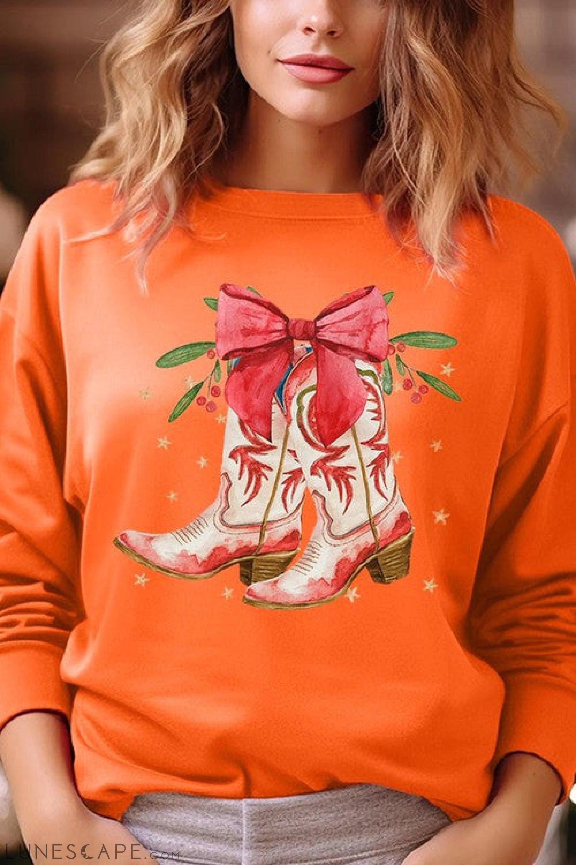 Christmas Cowgirl Boots Graphic Fleece Sweatshirts LUNESCAPE