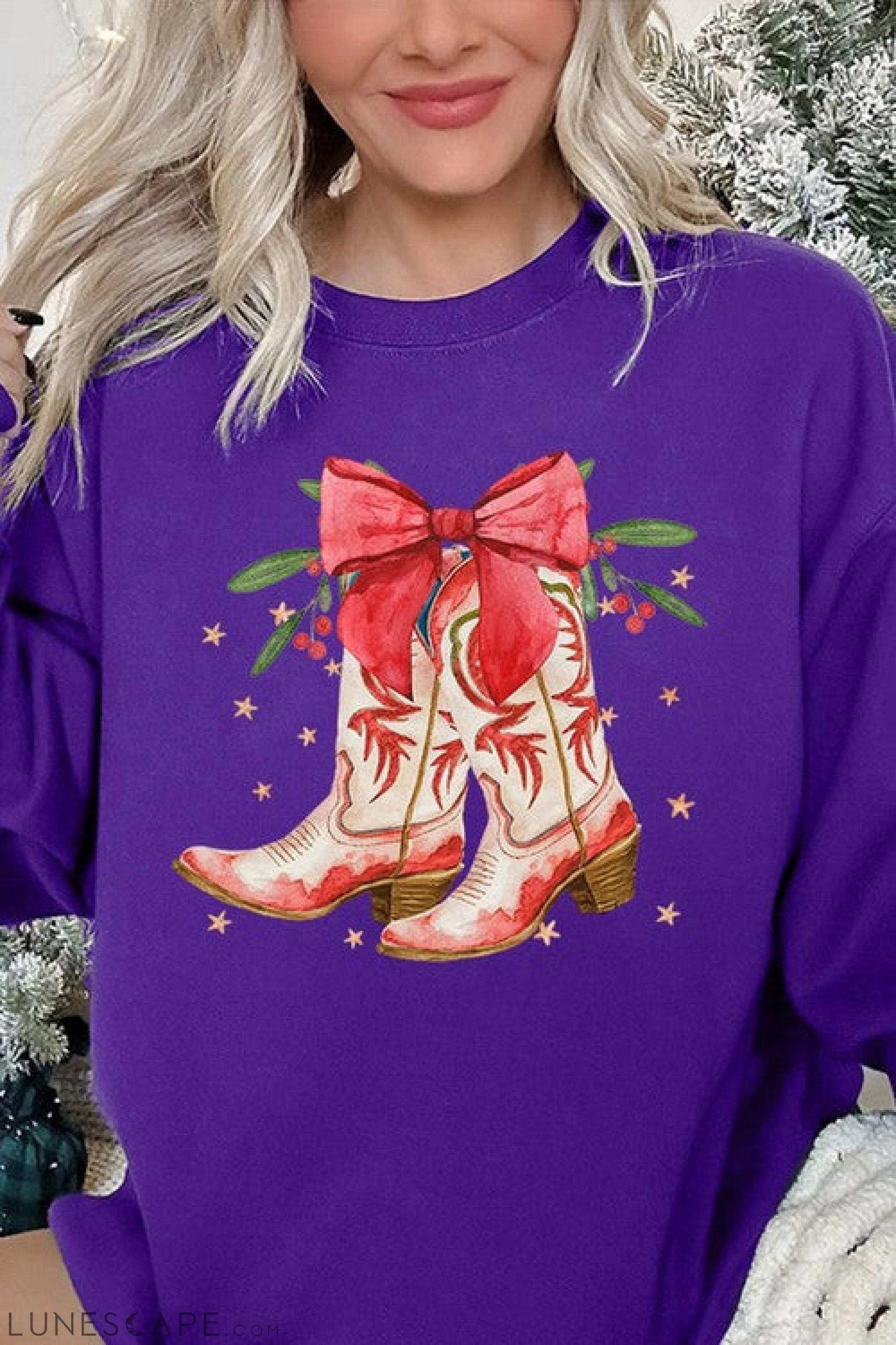 Christmas Cowgirl Boots Graphic Fleece Sweatshirts LUNESCAPE