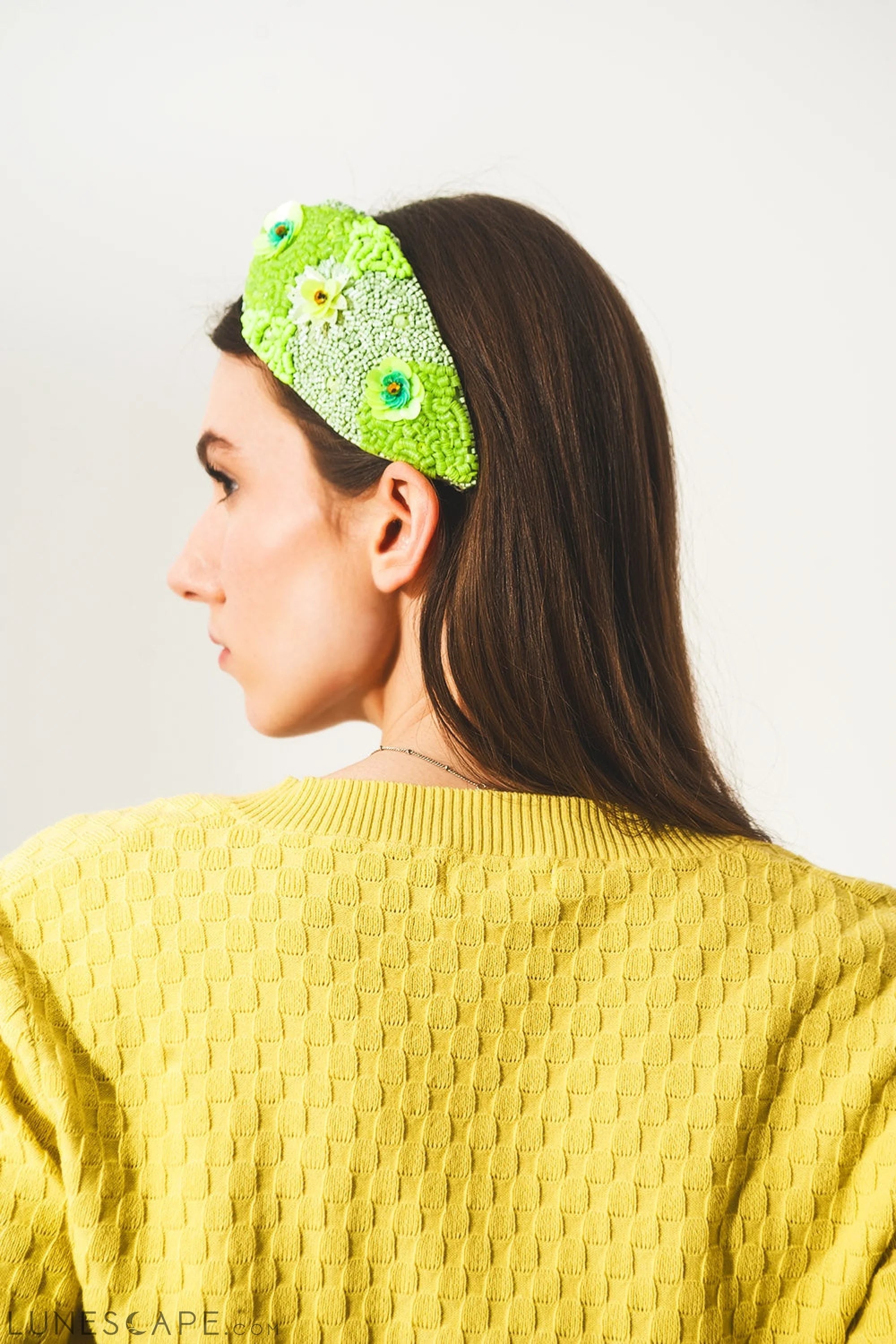 Chunky Headband With Embellished Green Flowers LUNESCAPE
