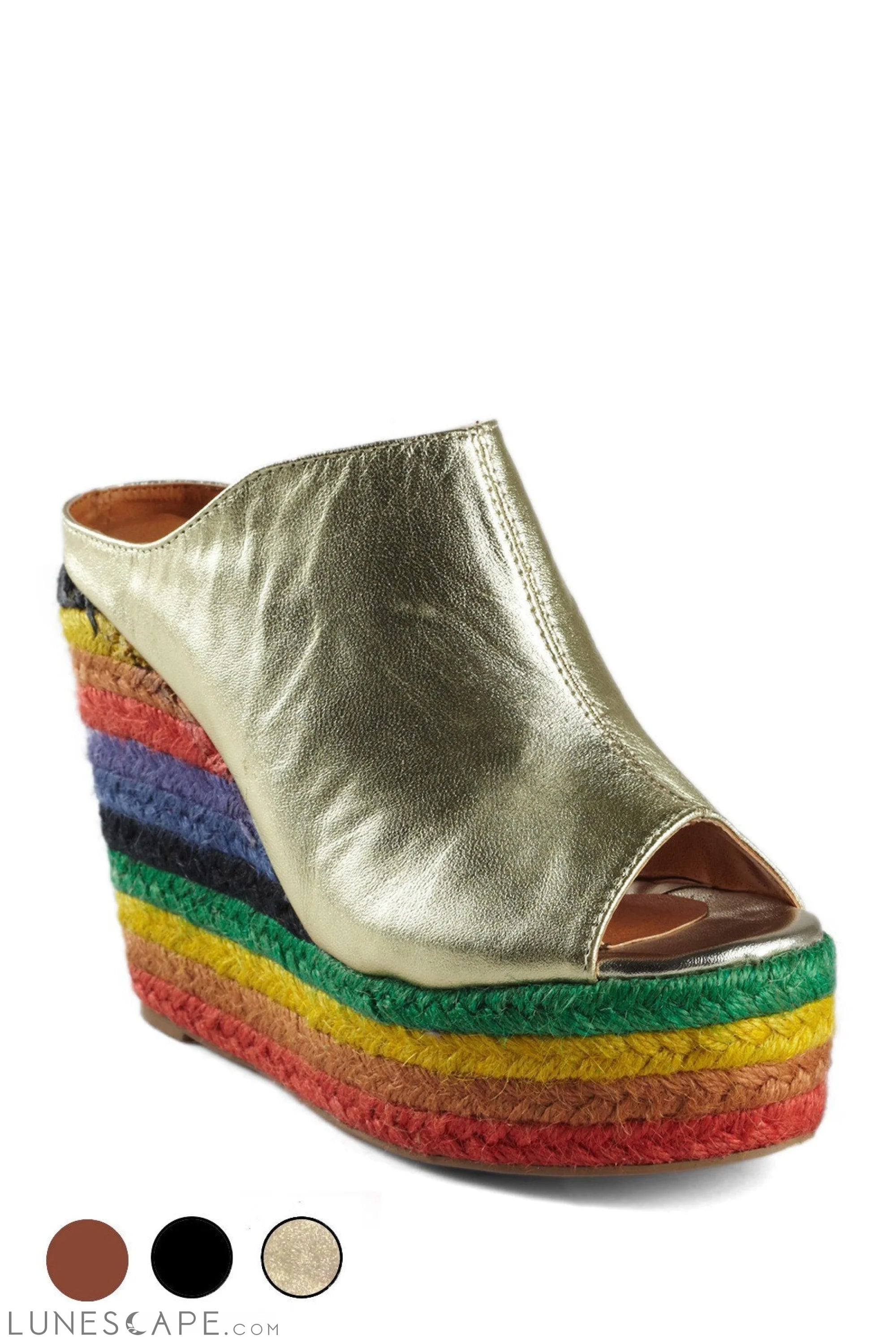COBAIN Rainbow Woven Wedge Espadrille in Metallic Gold, Black or Brown LUNESCAPE