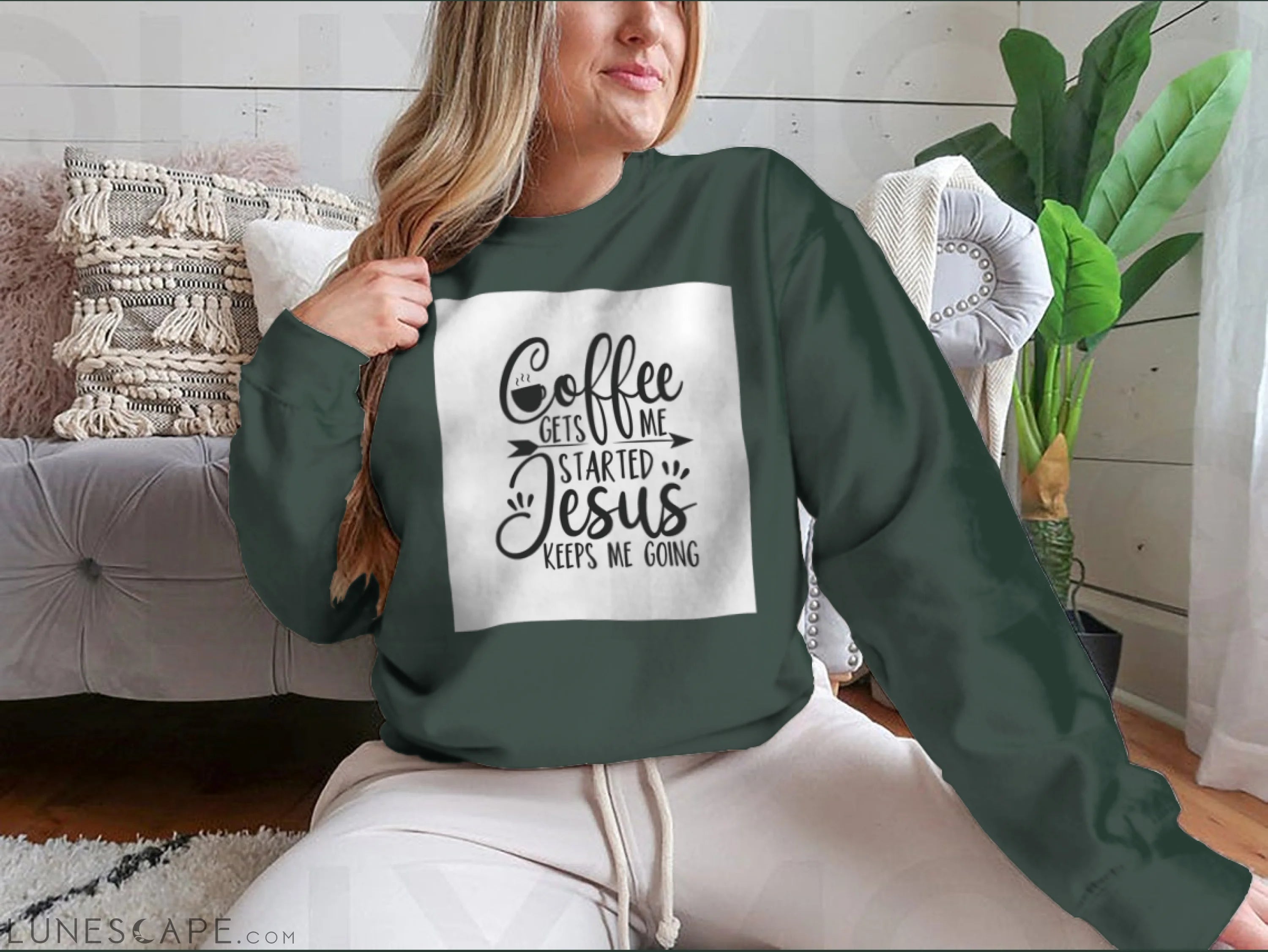 Coffee Gets Me Started Jesus Keeps Me Going- Positive Calligraphy. LUNESCAPE