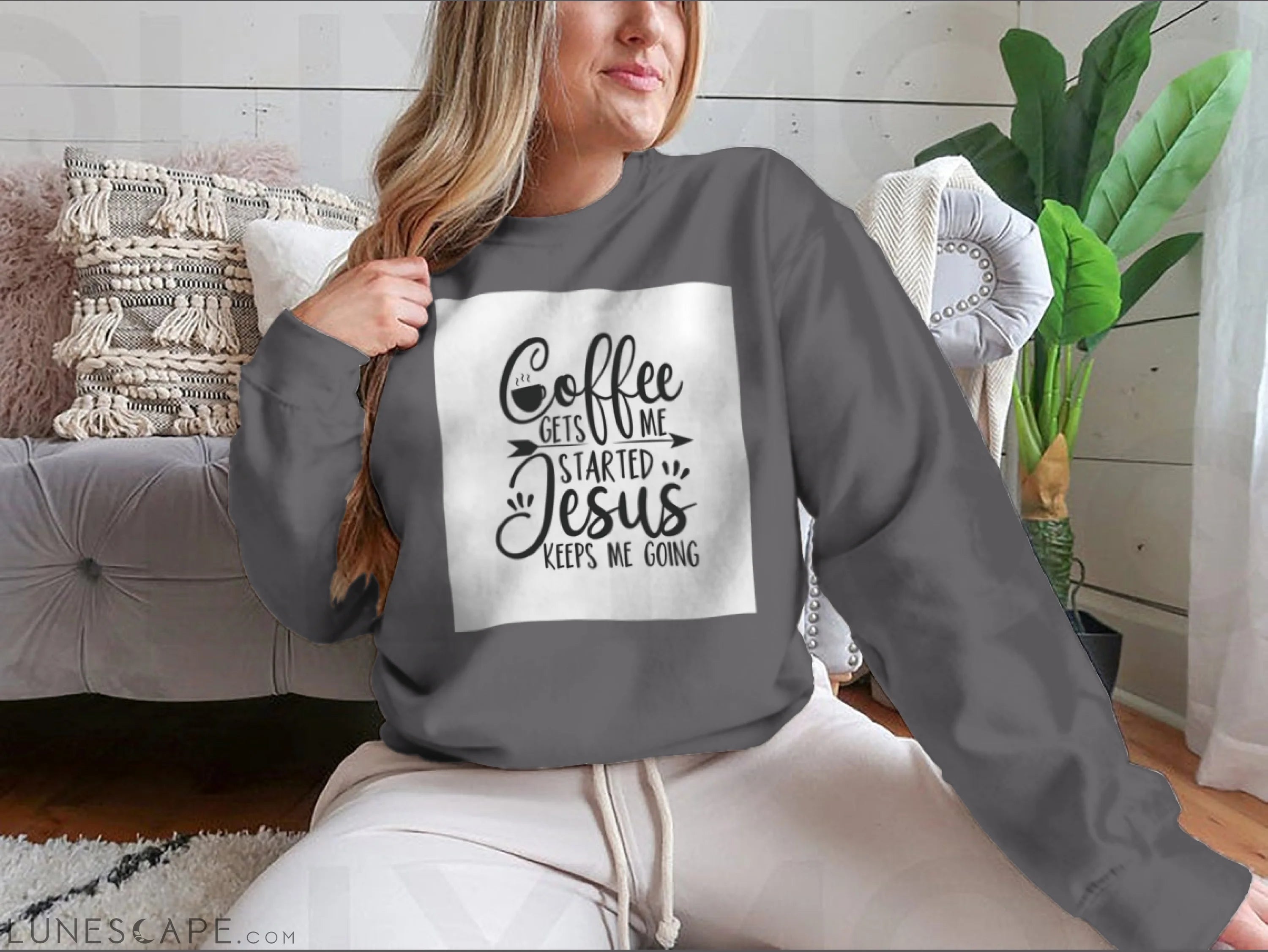 Coffee Gets Me Started Jesus Keeps Me Going- Positive Calligraphy. LUNESCAPE