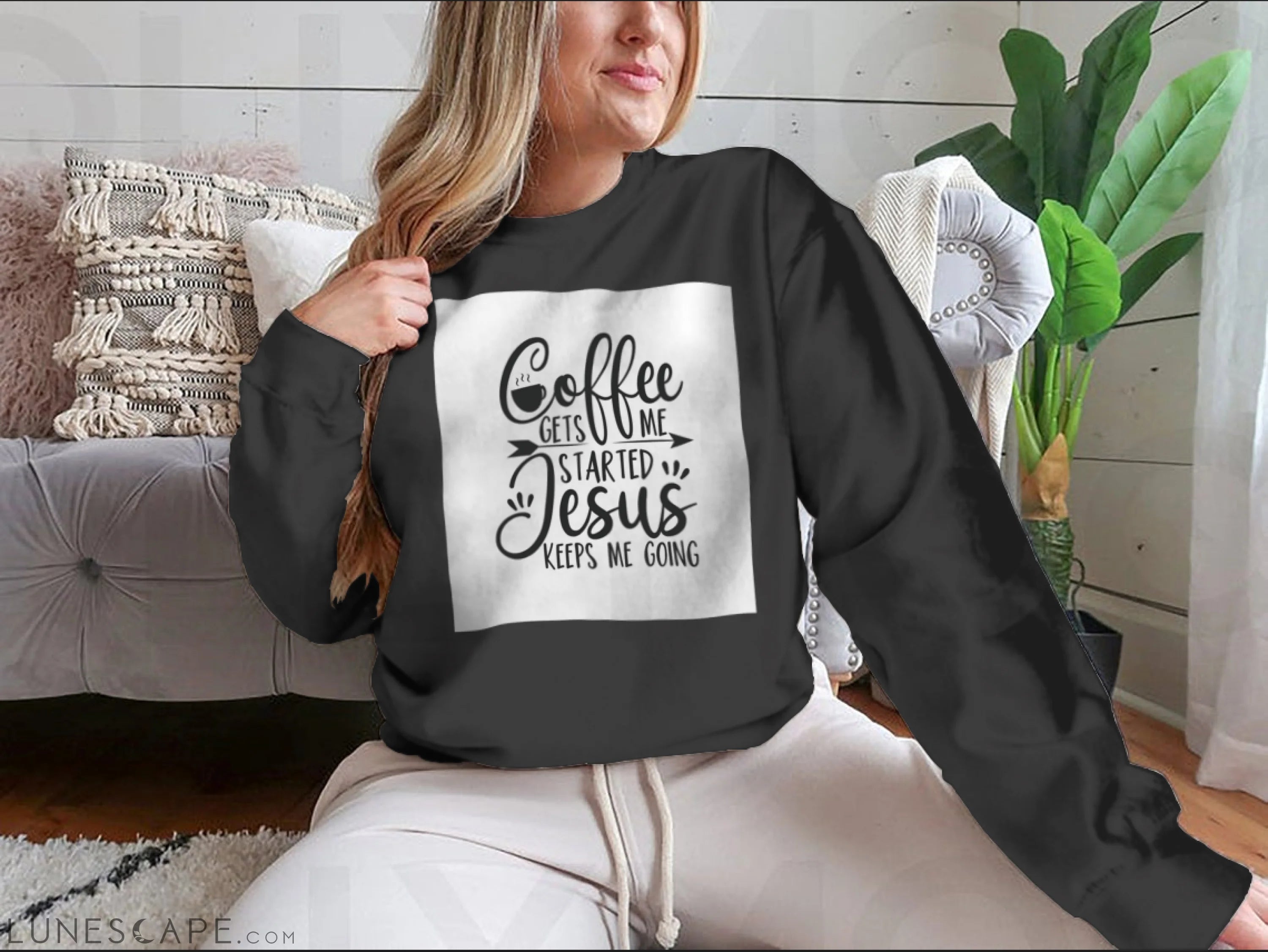 Coffee Gets Me Started Jesus Keeps Me Going- Positive Calligraphy. LUNESCAPE