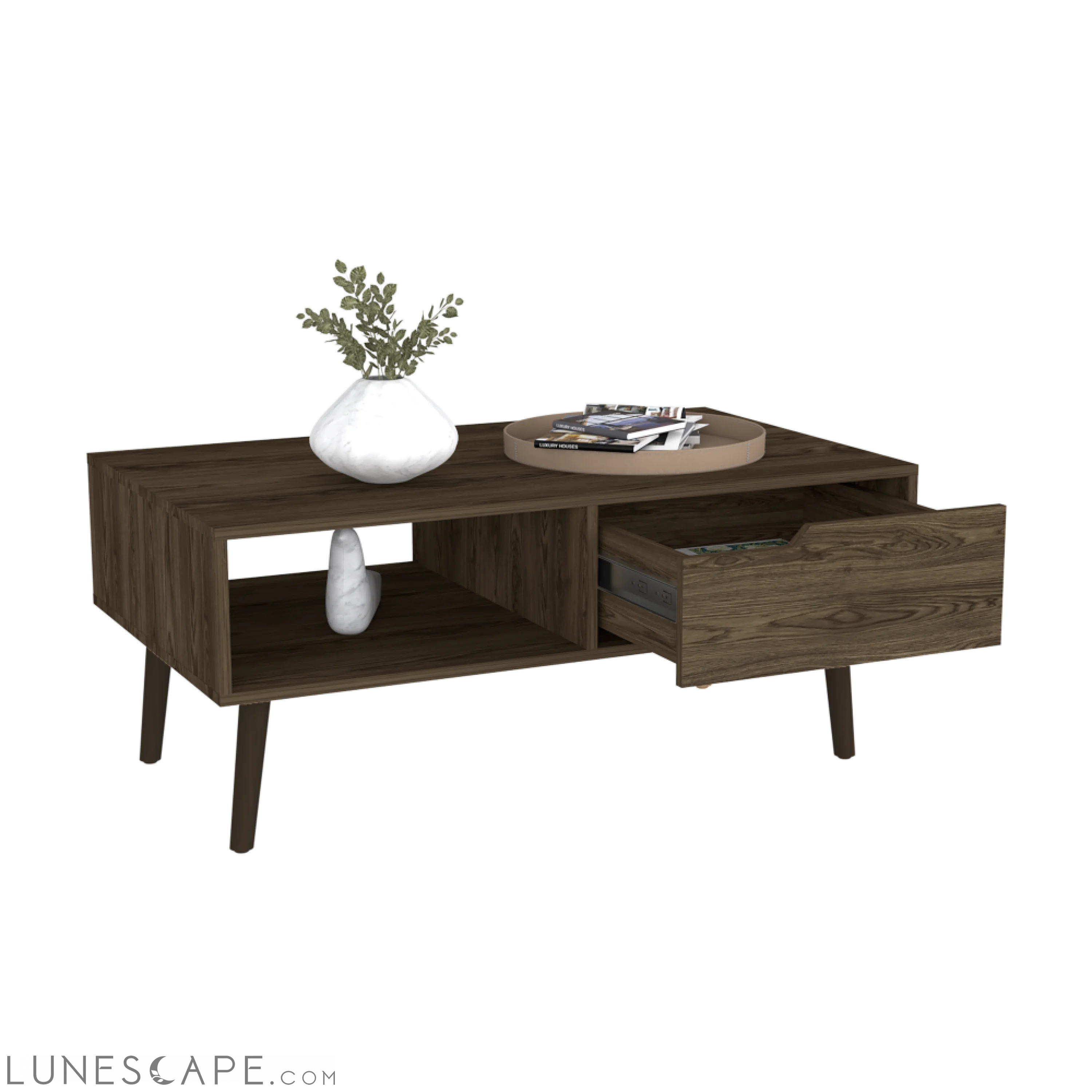 Coffee Table Bull, One Drawer, One Open Shelf, Four Legs, Dark Walnut LUNESCAPE