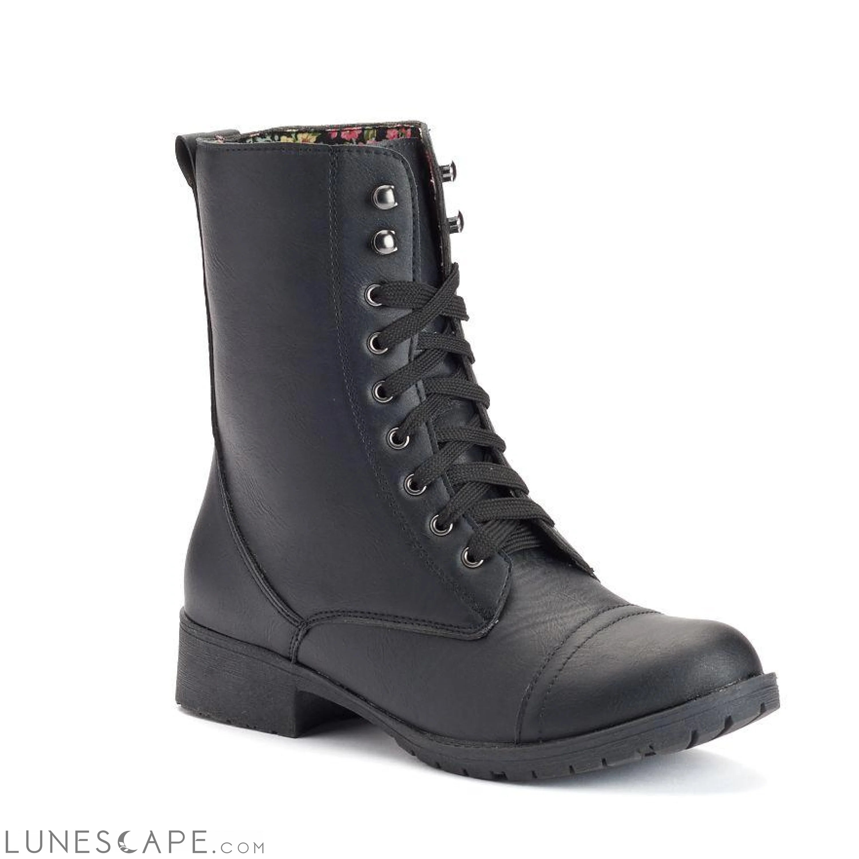 COMBAT Lace-Up Ankle Boot Black Low Heel LUNESCAPE