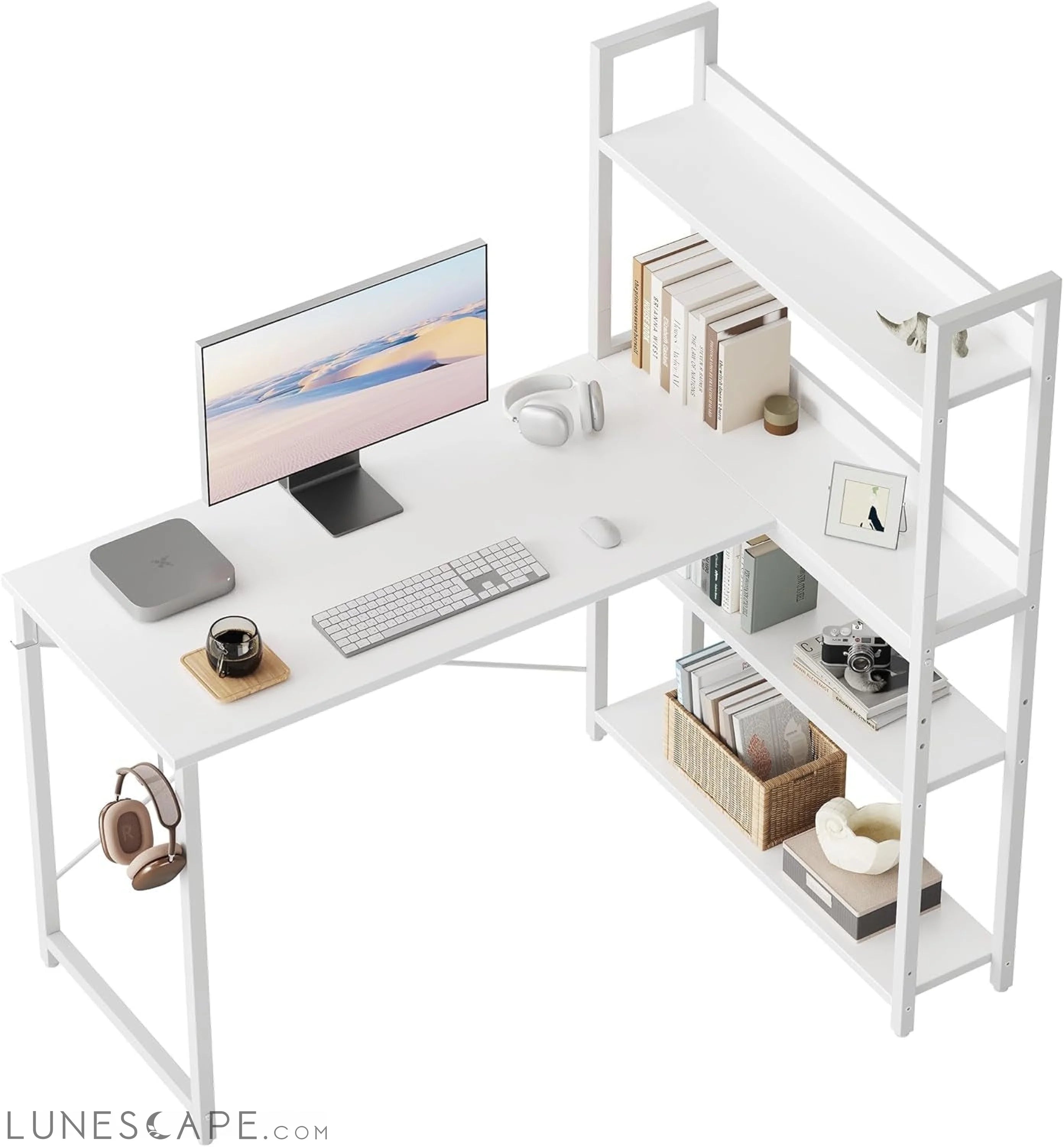 Computer Corner Desk with Storage Shelves, 47 Inch Reversible Small L LUNESCAPE