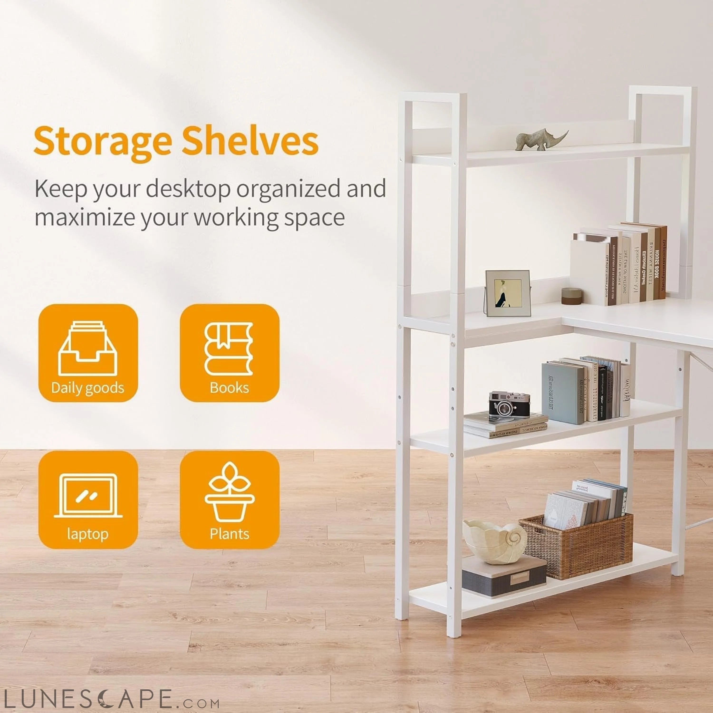 Computer Corner Desk with Storage Shelves, 47 Inch Reversible Small L LUNESCAPE