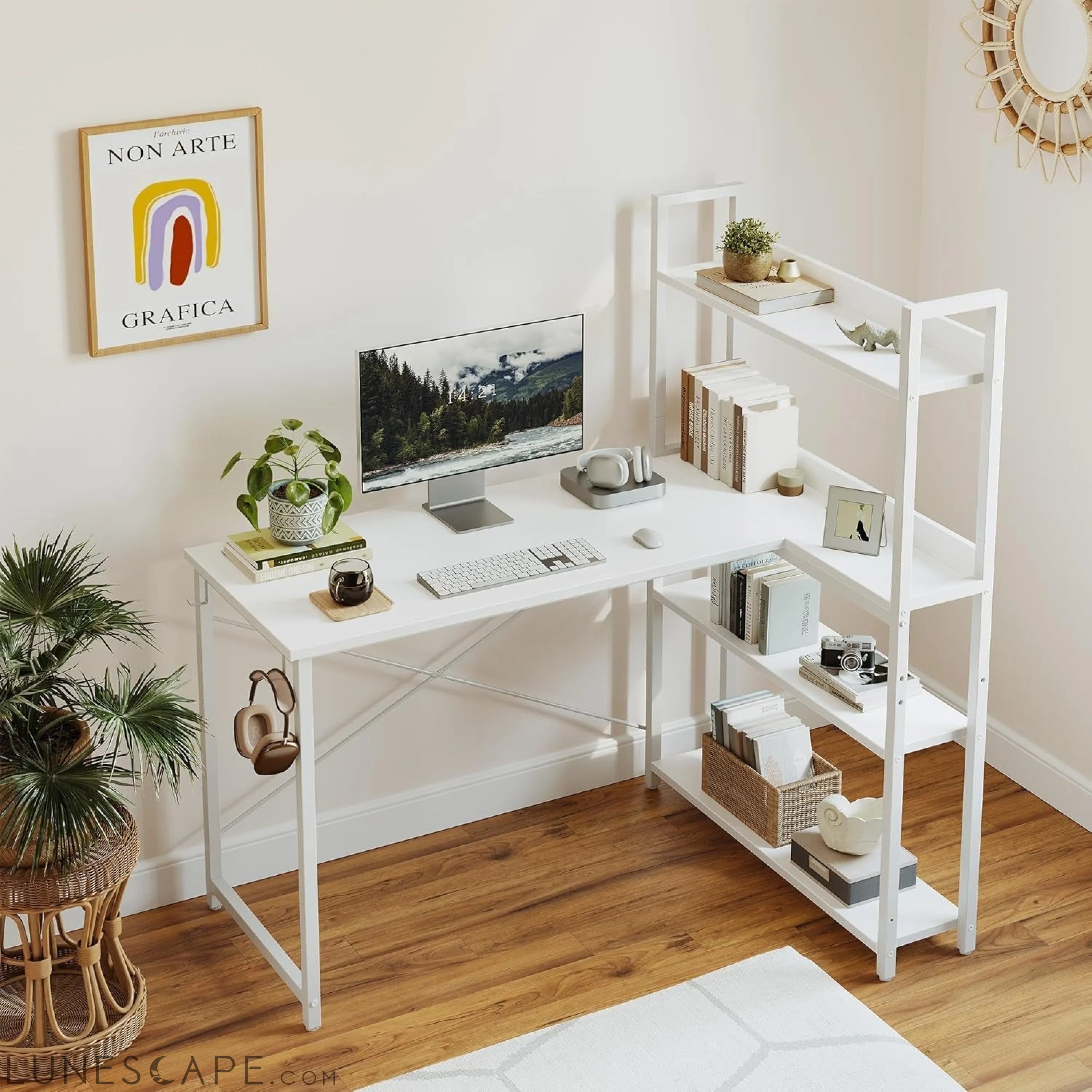 Computer Corner Desk with Storage Shelves, 47 Inch Reversible Small L LUNESCAPE
