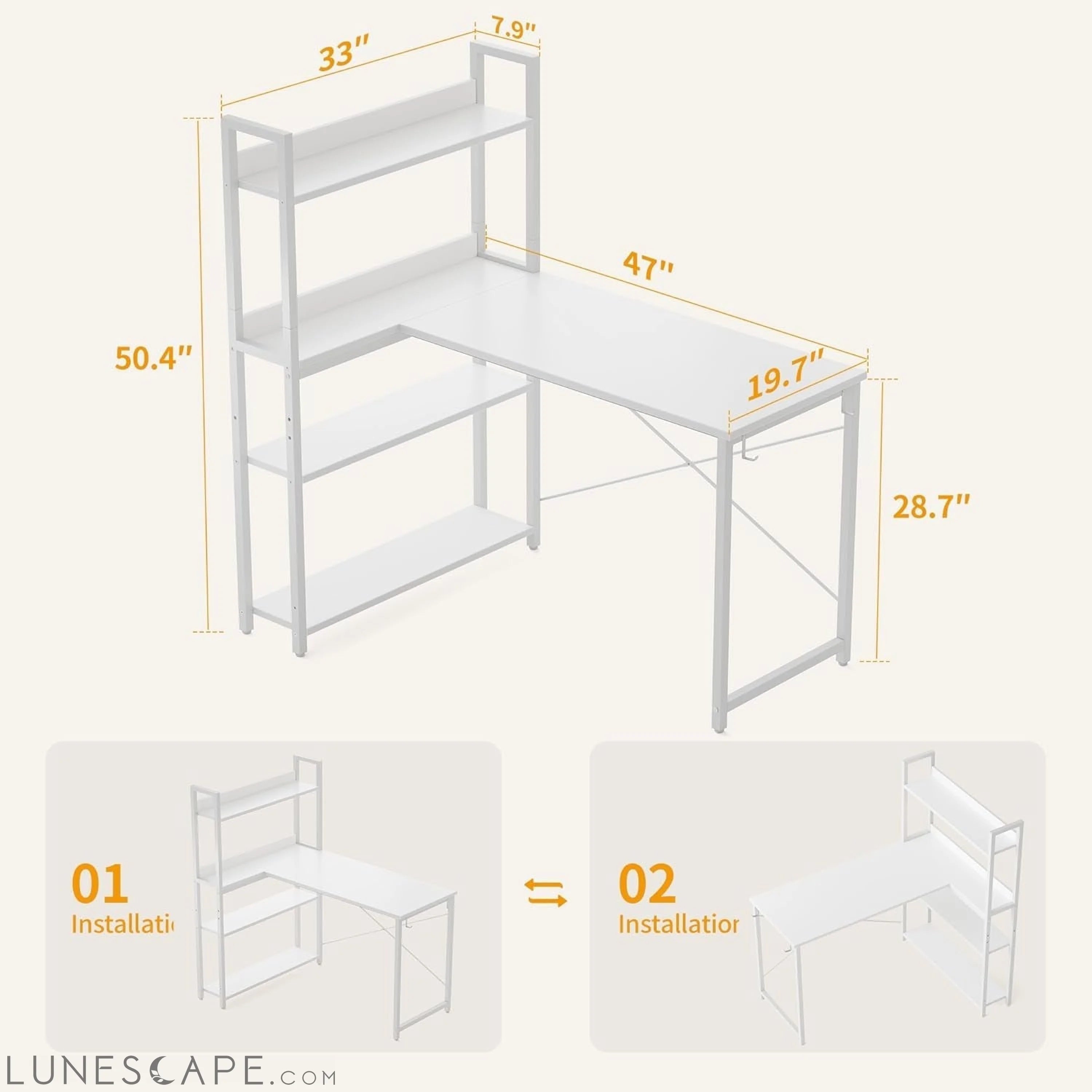 Computer Corner Desk with Storage Shelves, 47 Inch Reversible Small L LUNESCAPE