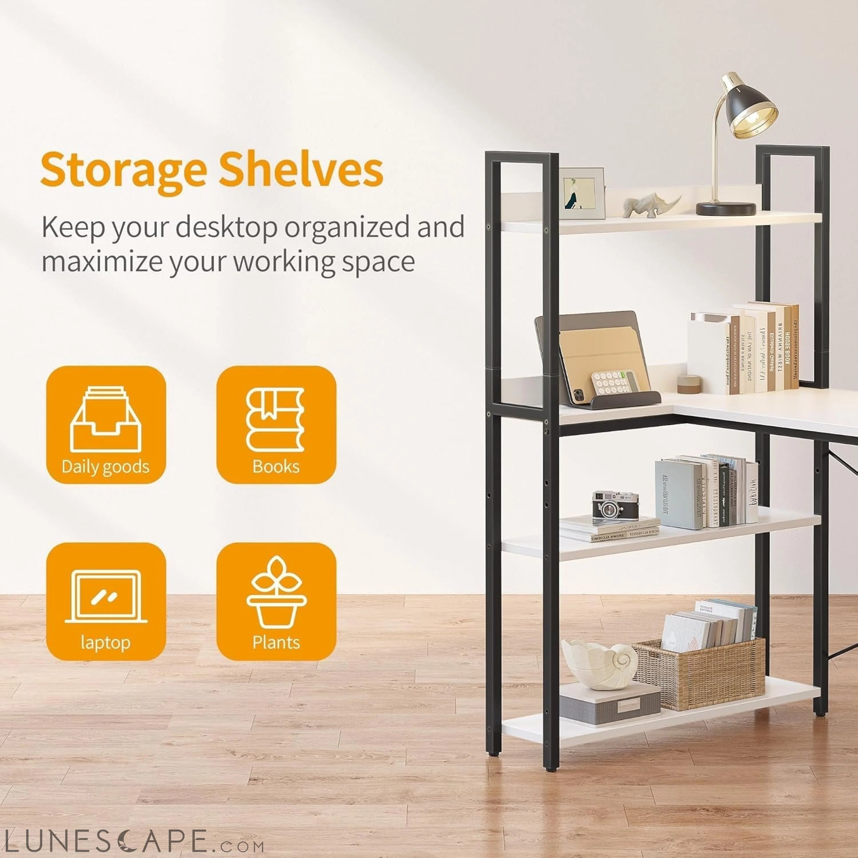 Computer Corner Desk with Storage Shelves, 47 Inch Reversible Small L LUNESCAPE