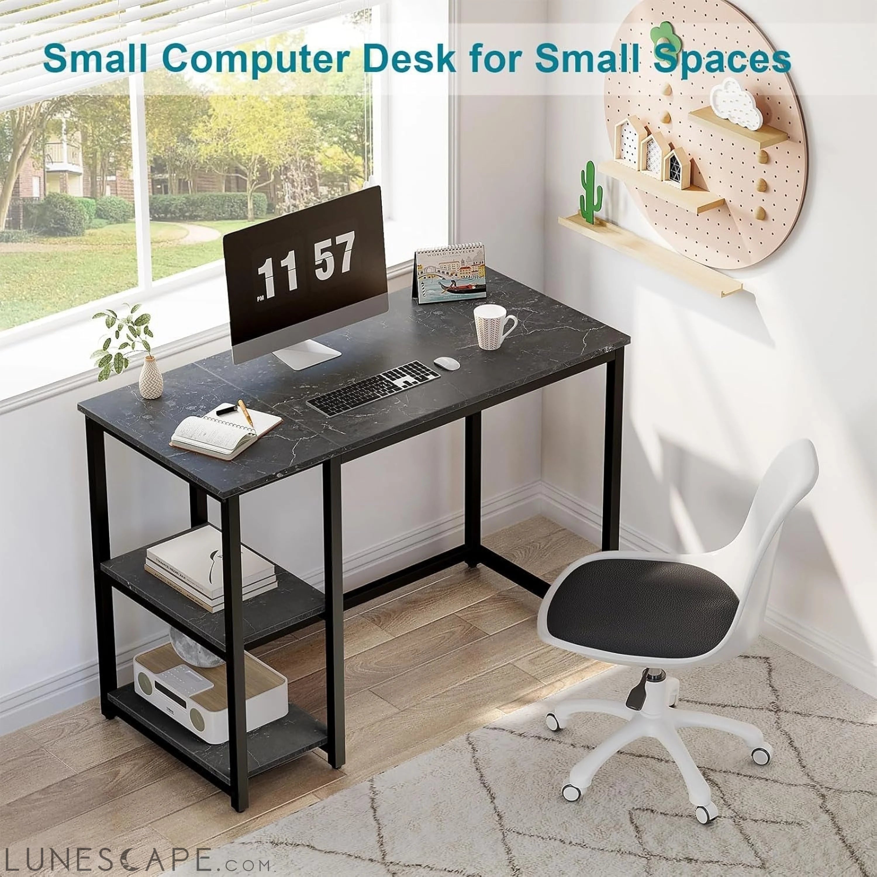 Computer Desk 40 Inches with 2-Tier Shelves Sturdy Home Office Desk LUNESCAPE