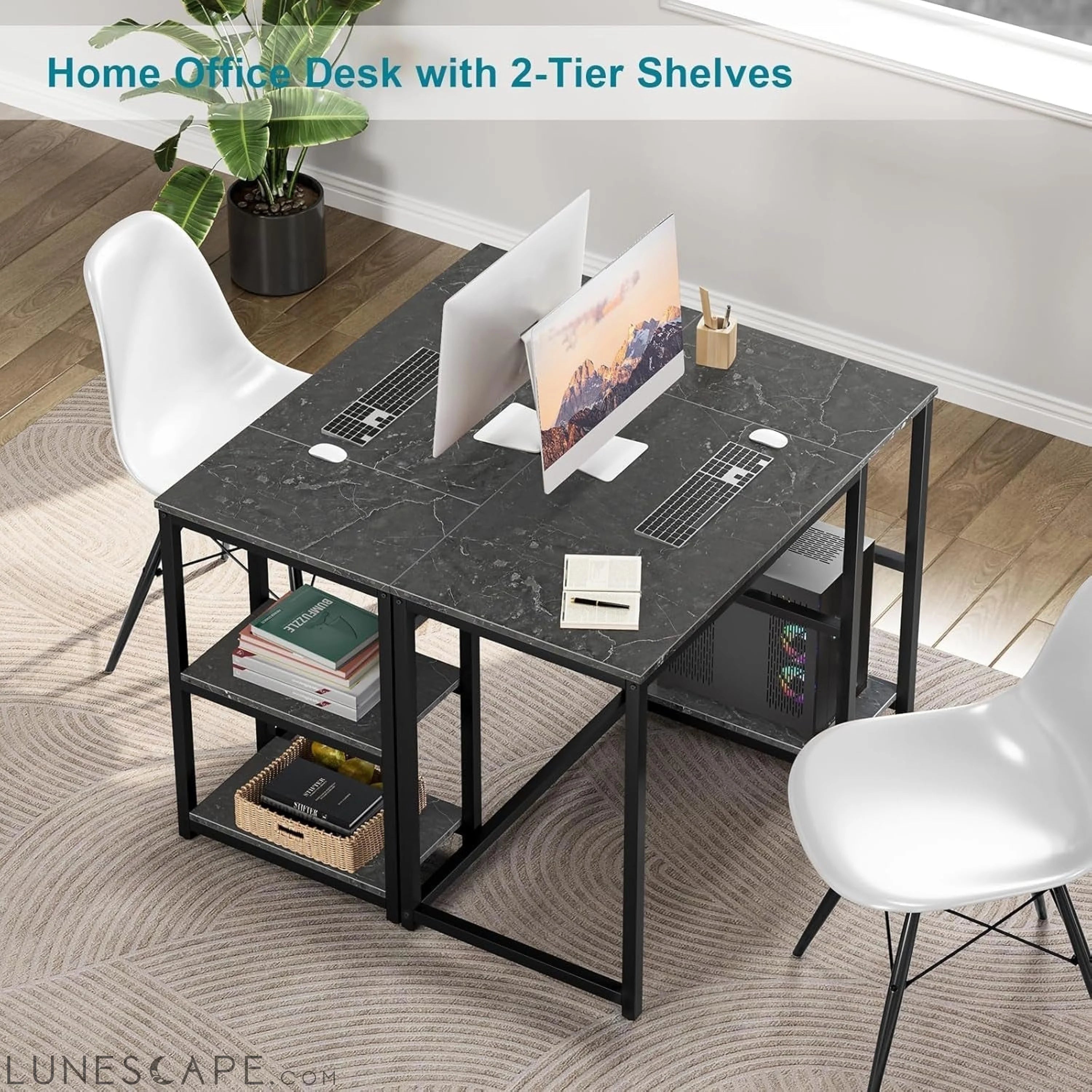 Computer Desk 40 Inches with 2-Tier Shelves Sturdy Home Office Desk LUNESCAPE