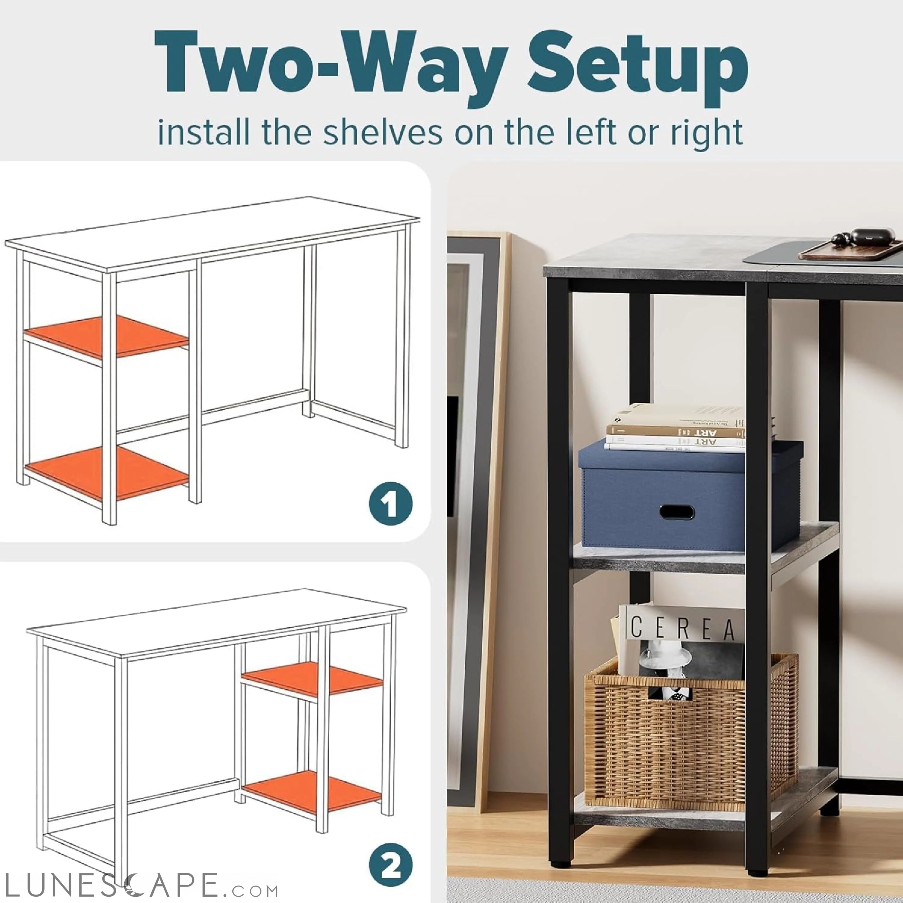 Computer Desk 40 Inches with 2-Tier Shelves Sturdy Home Office Desk LUNESCAPE