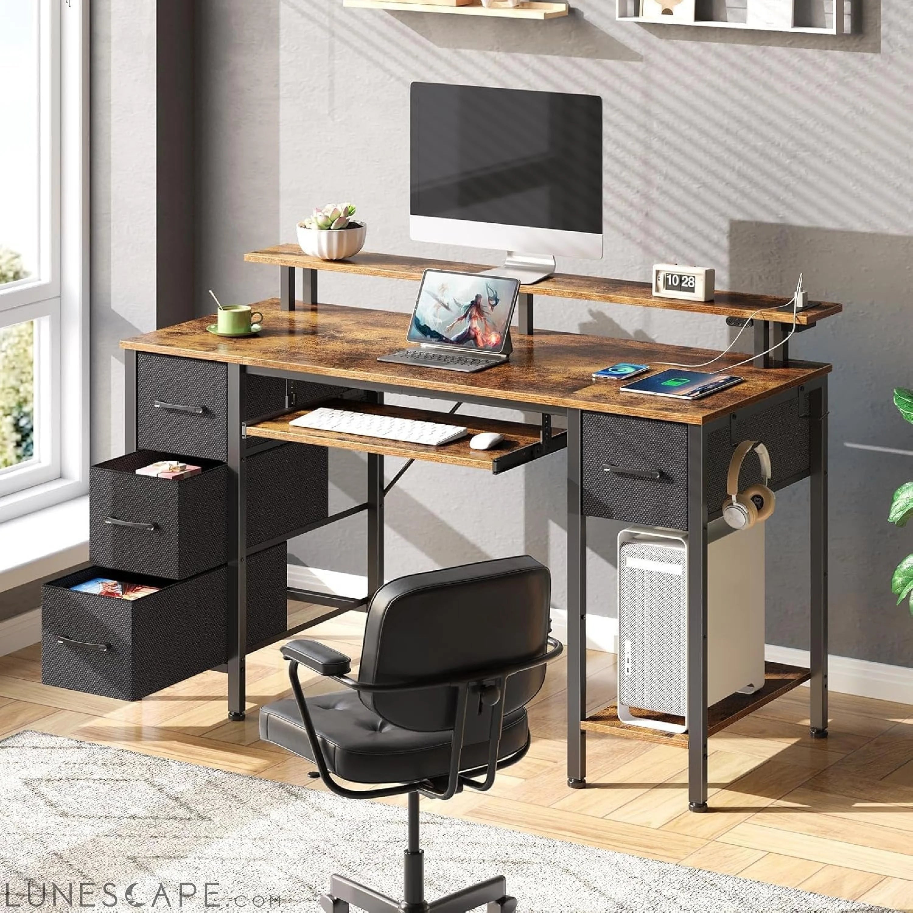 Computer Desk 47.2" with LED Lights & Power Outlets, Home Office Desk LUNESCAPE