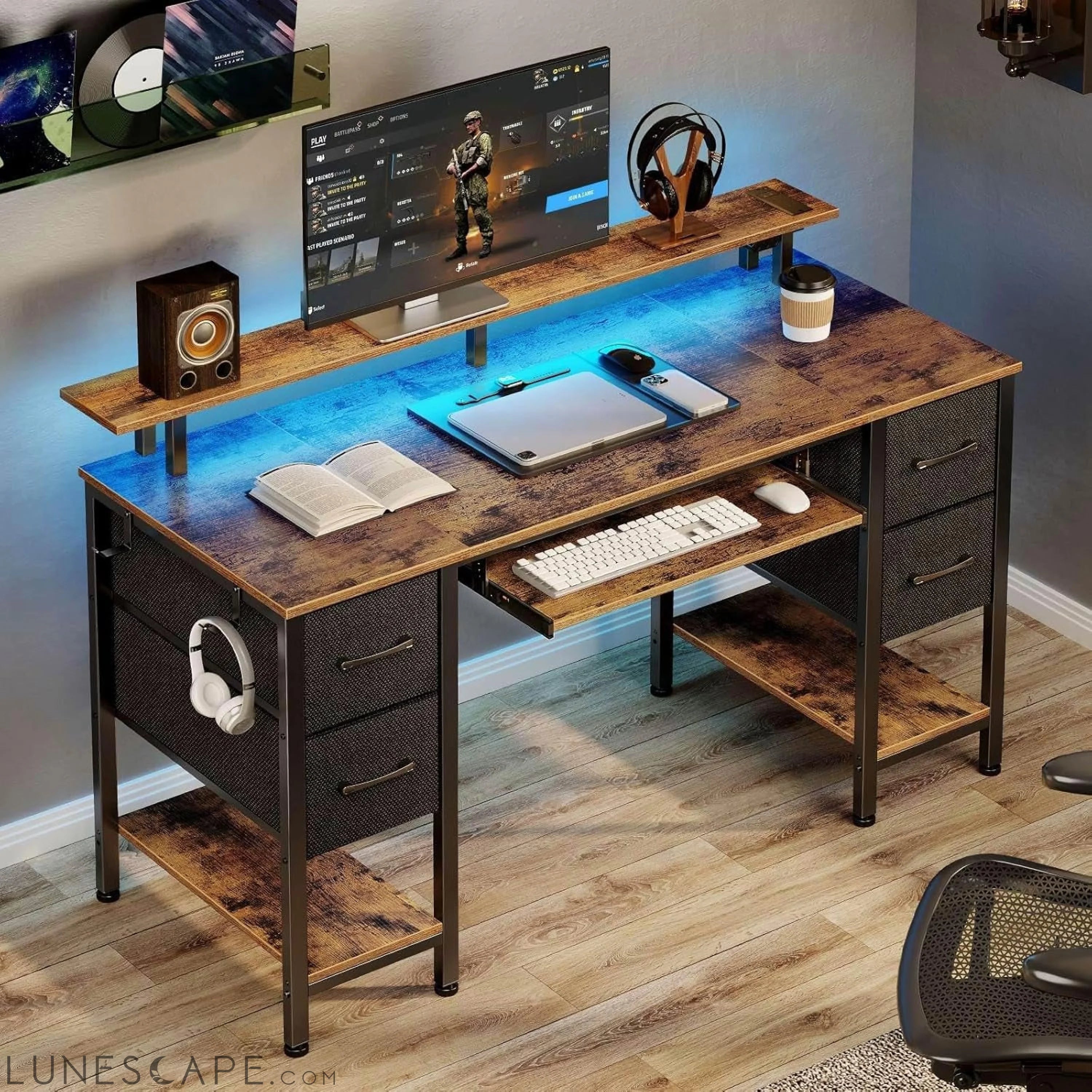 Computer Desk 47.2" with LED Lights & Power Outlets, Home Office Desk LUNESCAPE