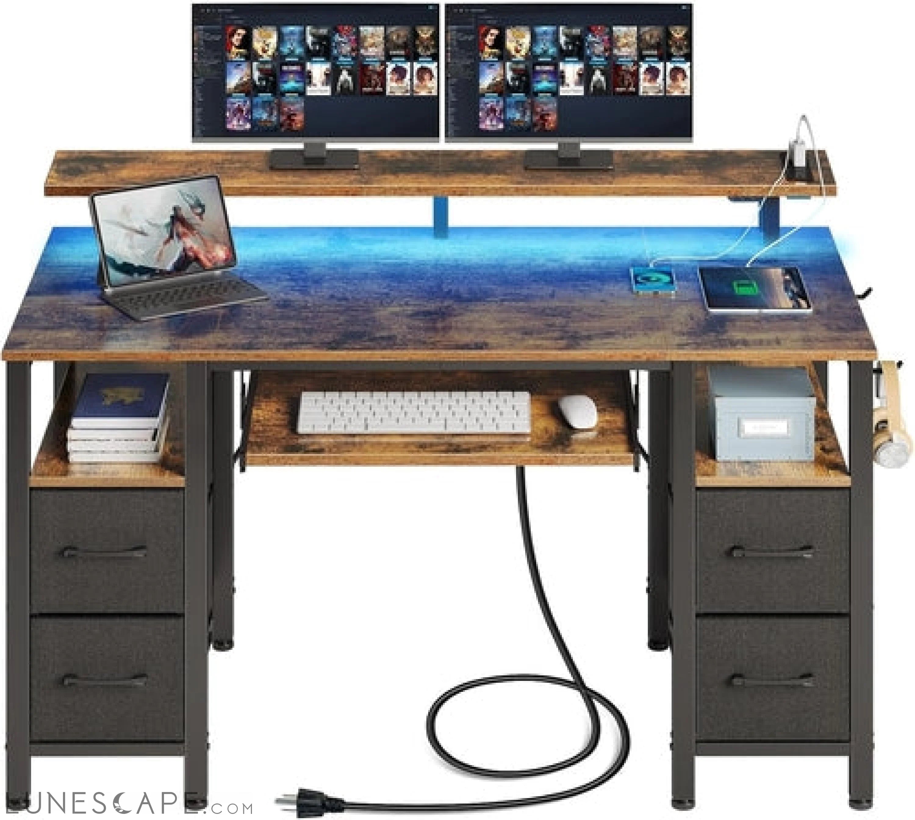 Computer Desk 47.2" with LED Lights & Power Outlets, Home Office Desk LUNESCAPE