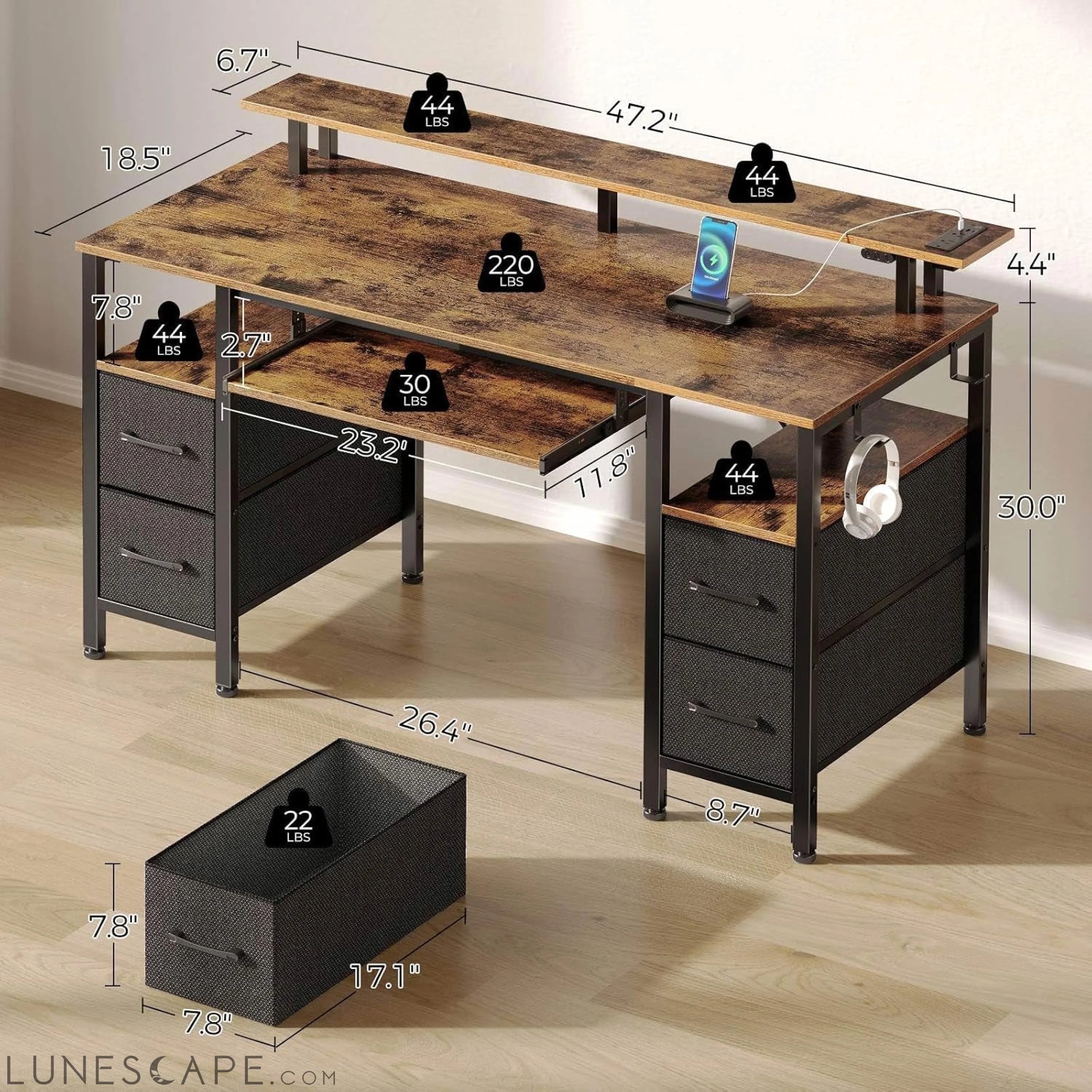 Computer Desk 47.2" with LED Lights & Power Outlets, Home Office Desk LUNESCAPE