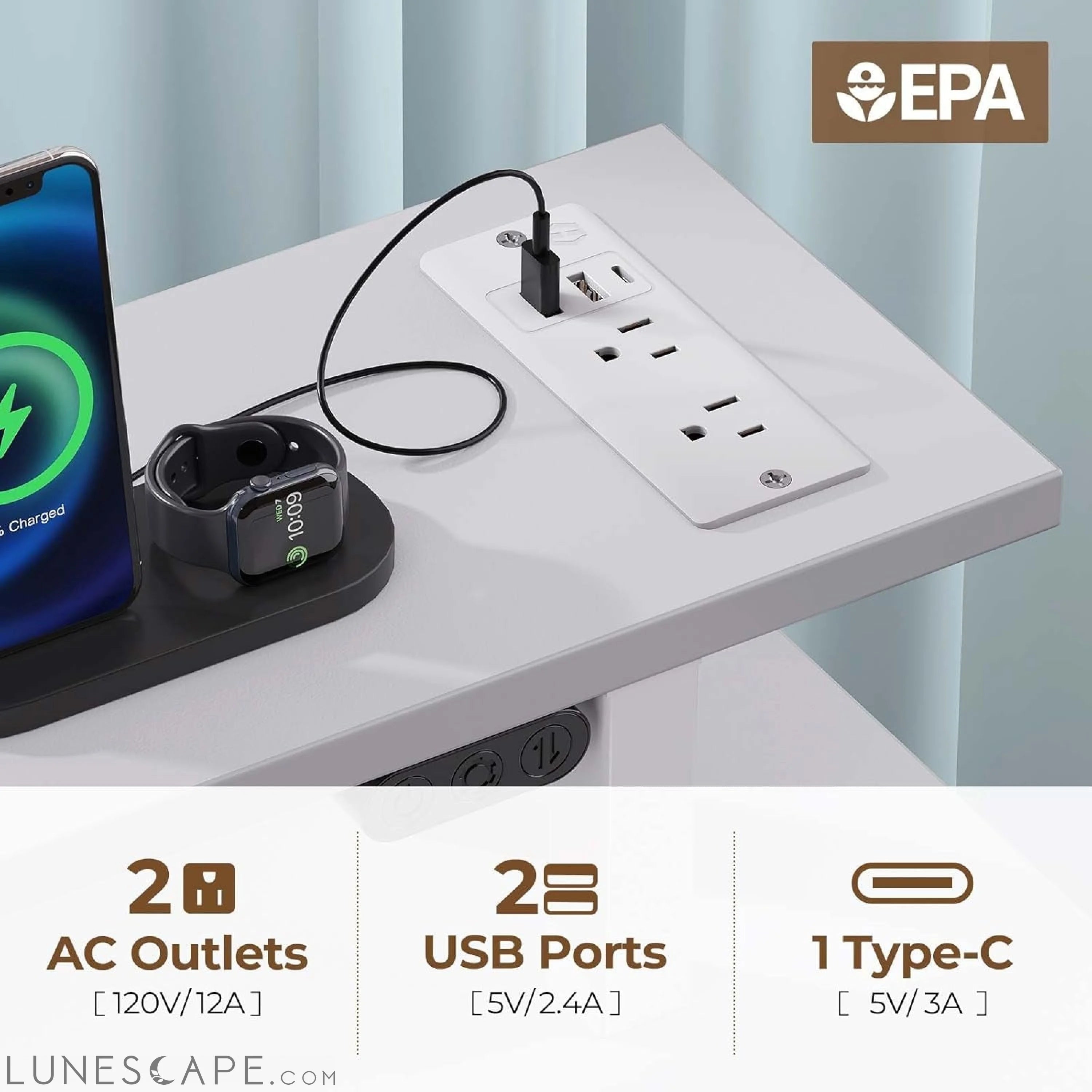 Computer Desk 47.2" with LED Lights & Power Outlets, Home Office Desk LUNESCAPE