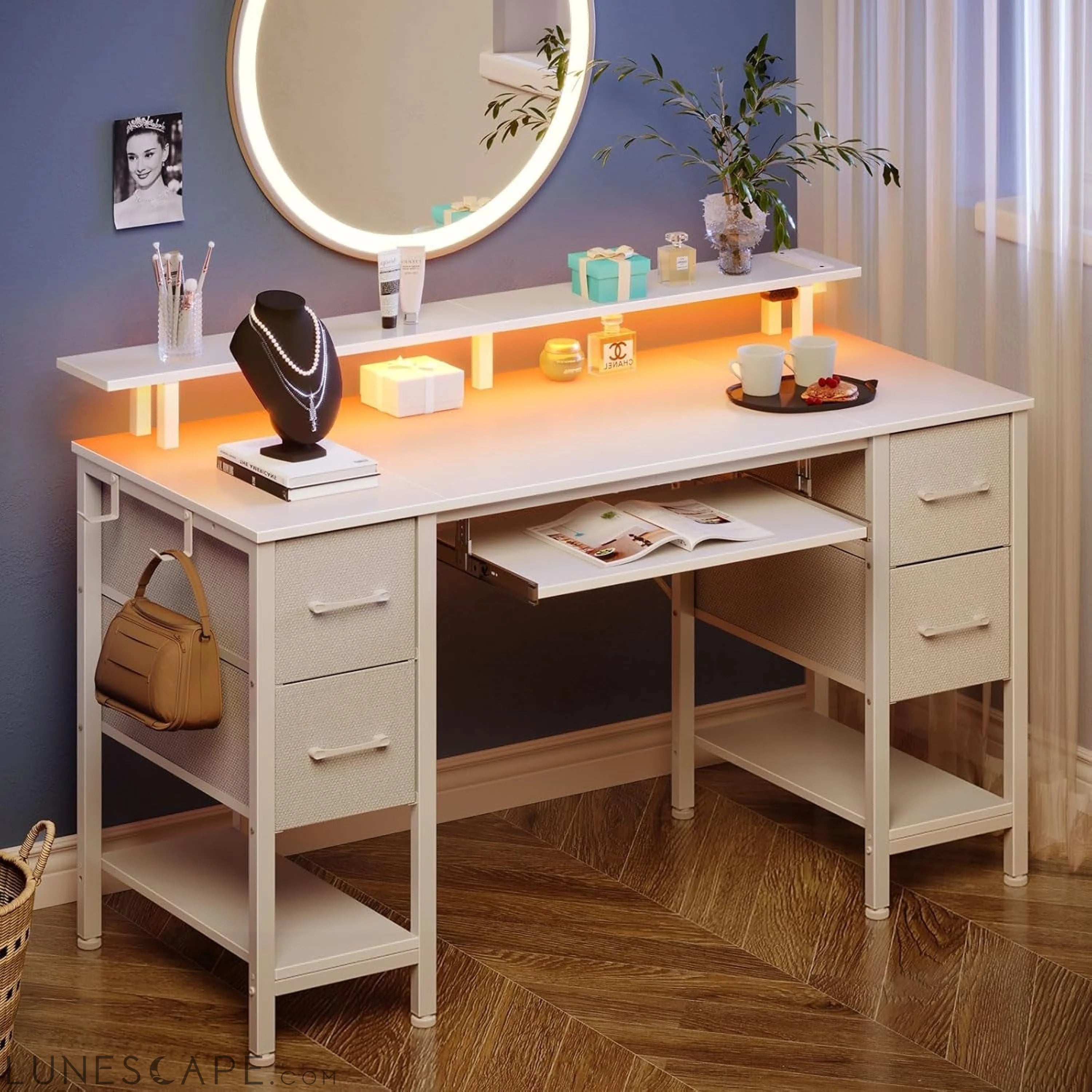 Computer Desk 47.2" with LED Lights & Power Outlets, Home Office Desk LUNESCAPE