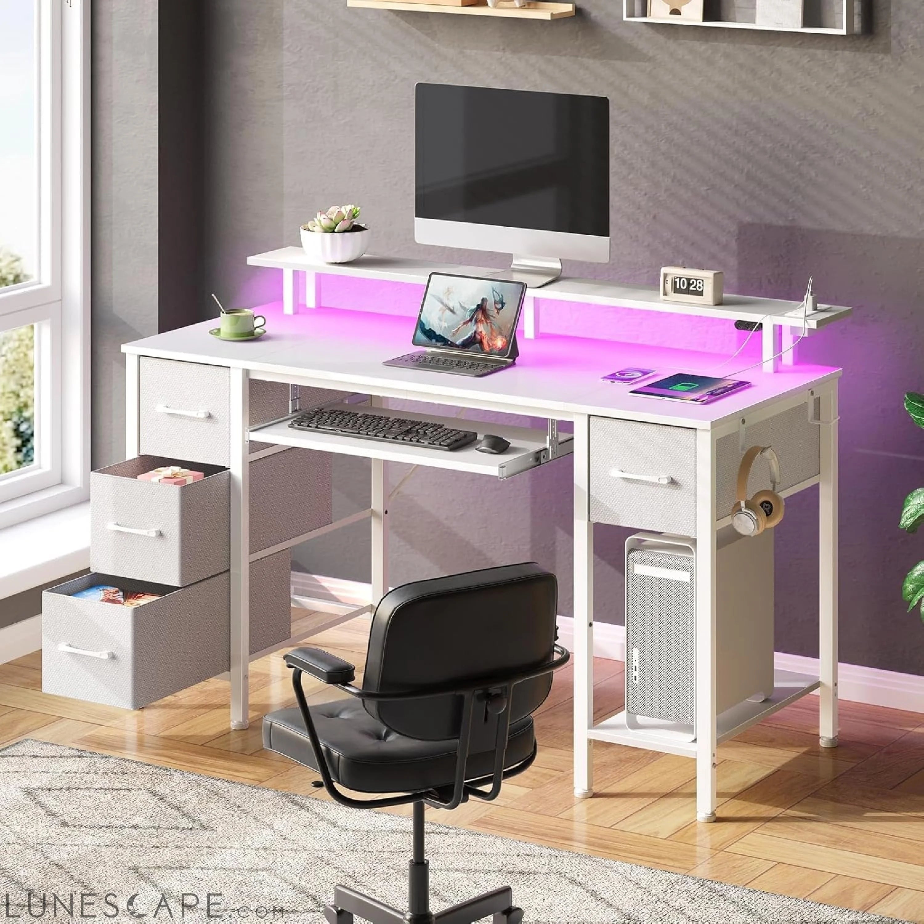 Computer Desk 47.2" with LED Lights & Power Outlets, Home Office Desk LUNESCAPE