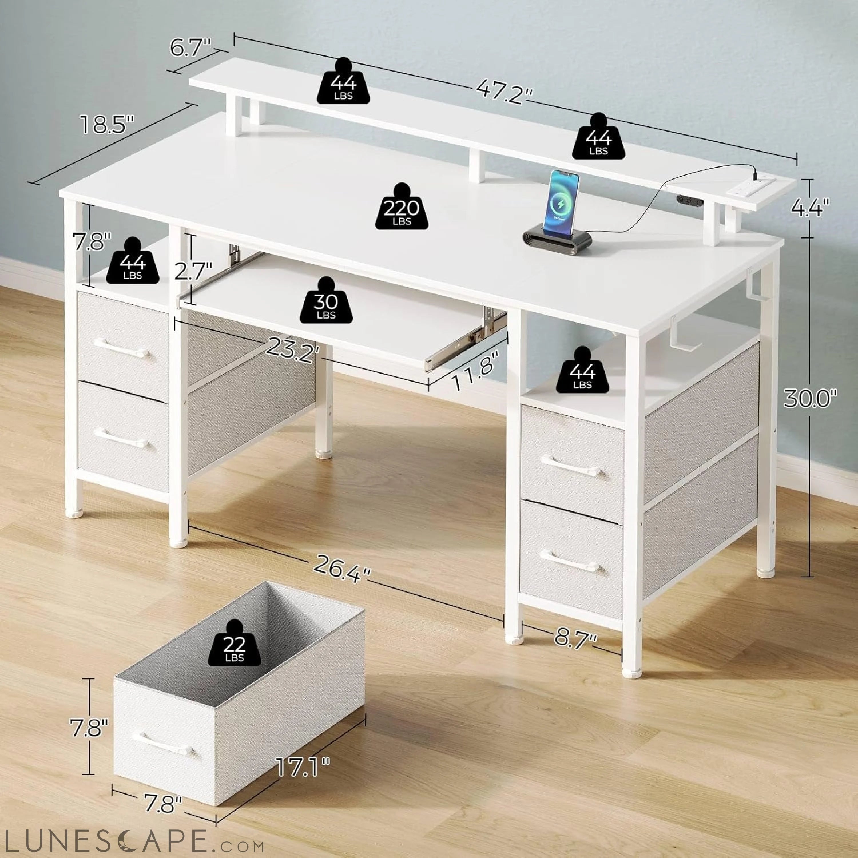 Computer Desk 47.2" with LED Lights & Power Outlets, Home Office Desk LUNESCAPE