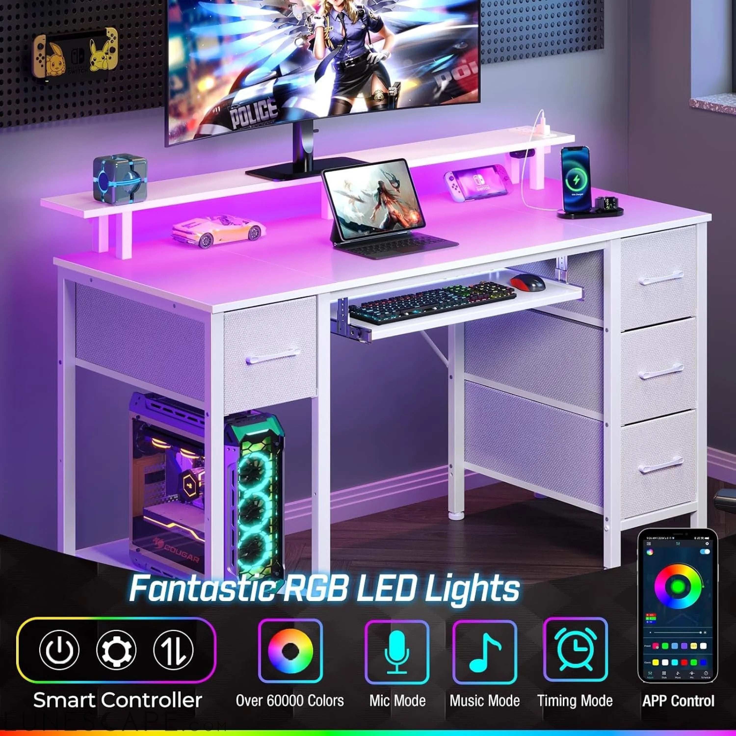 Computer Desk 47.2" with LED Lights & Power Outlets, Home Office Desk LUNESCAPE