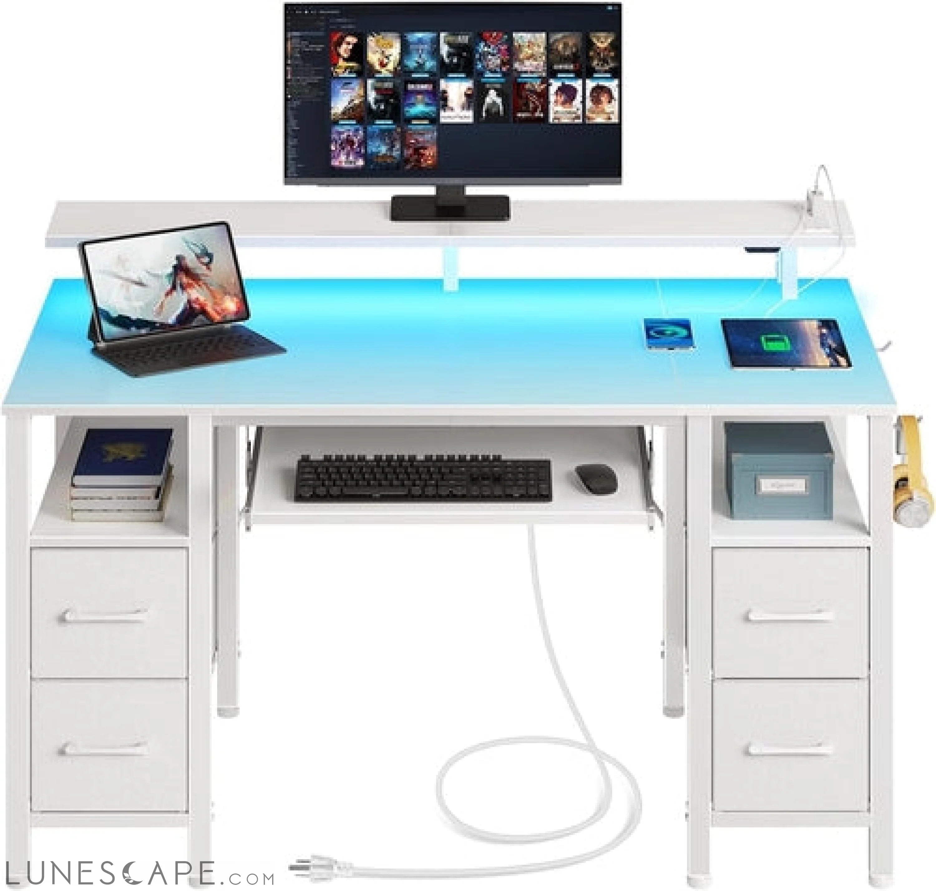 Computer Desk 47.2" with LED Lights & Power Outlets, Home Office Desk LUNESCAPE