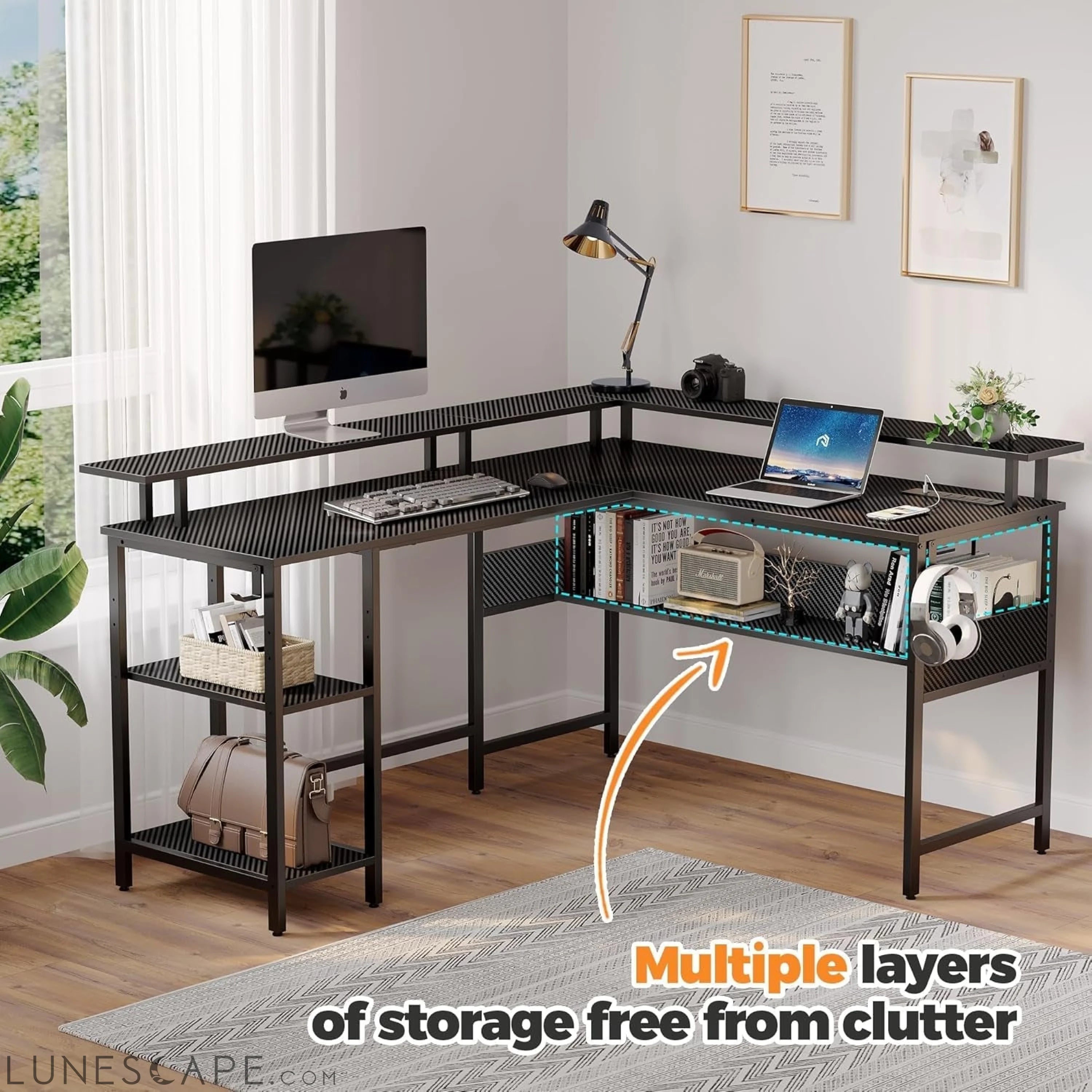Computer Desk 56.7" with LED Lights and Power Outlets, Carbon Fiber LUNESCAPE