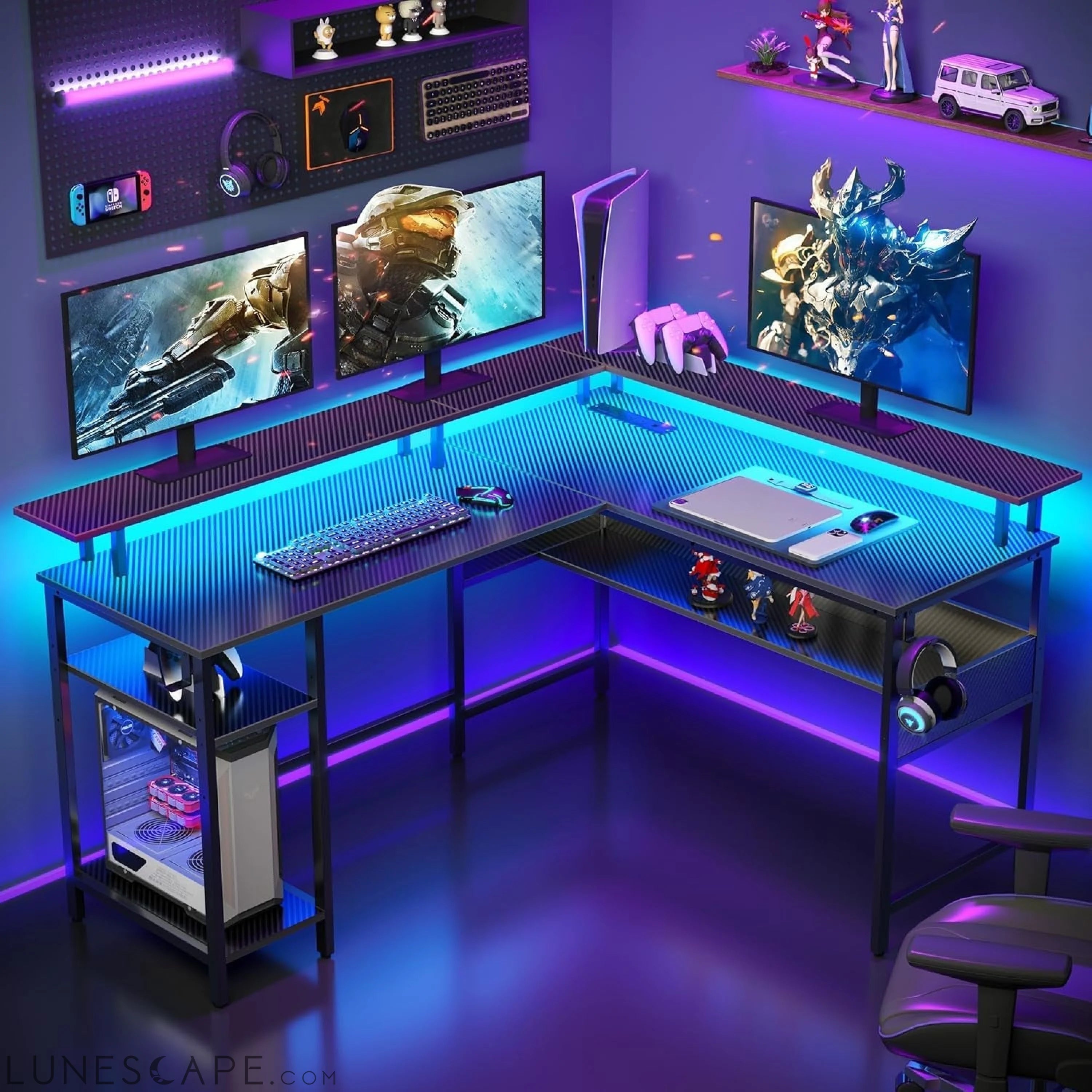 Computer Desk 56.7" with LED Lights and Power Outlets, Carbon Fiber LUNESCAPE