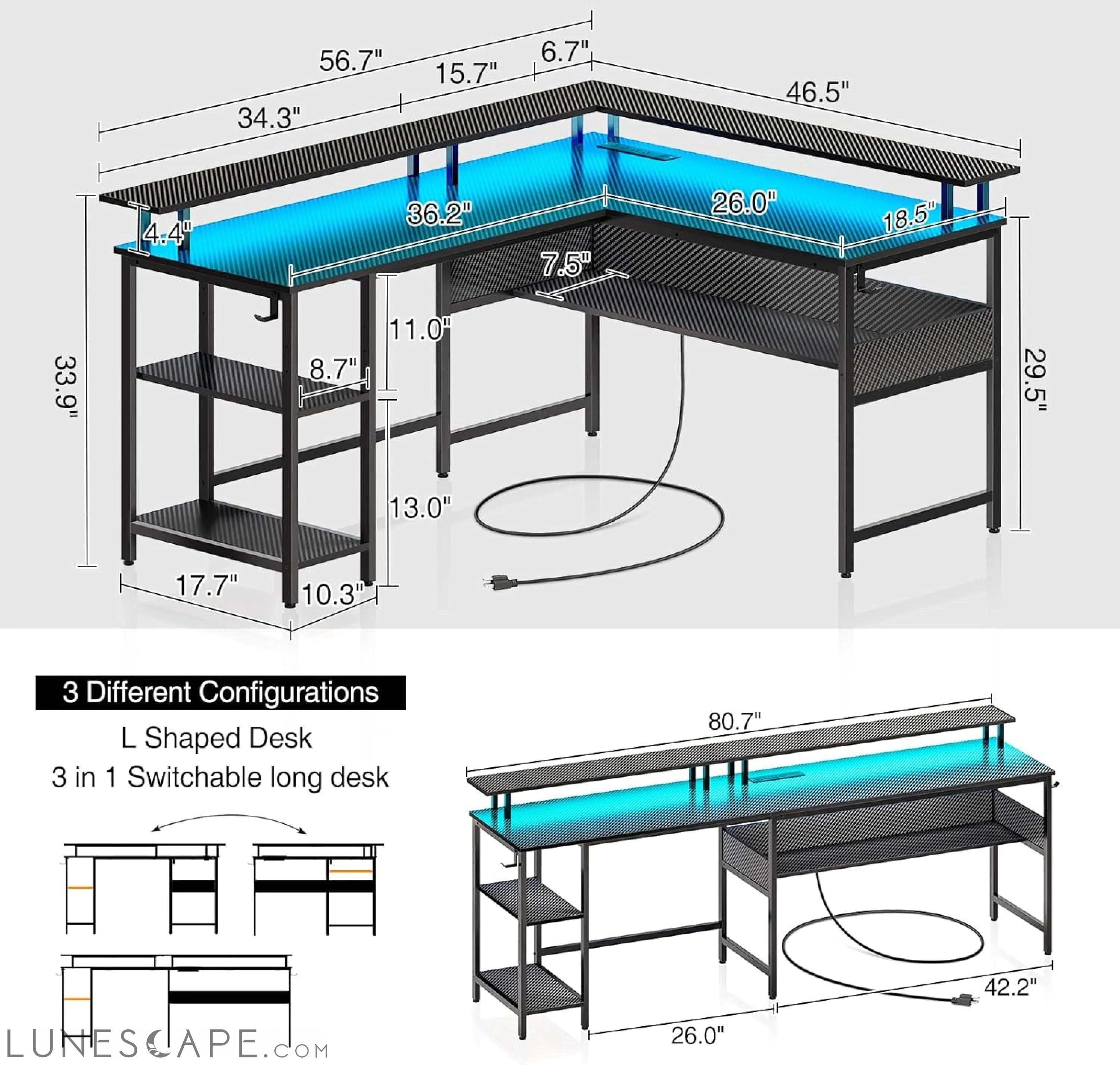 Computer Desk 56.7" with LED Lights and Power Outlets, Carbon Fiber LUNESCAPE