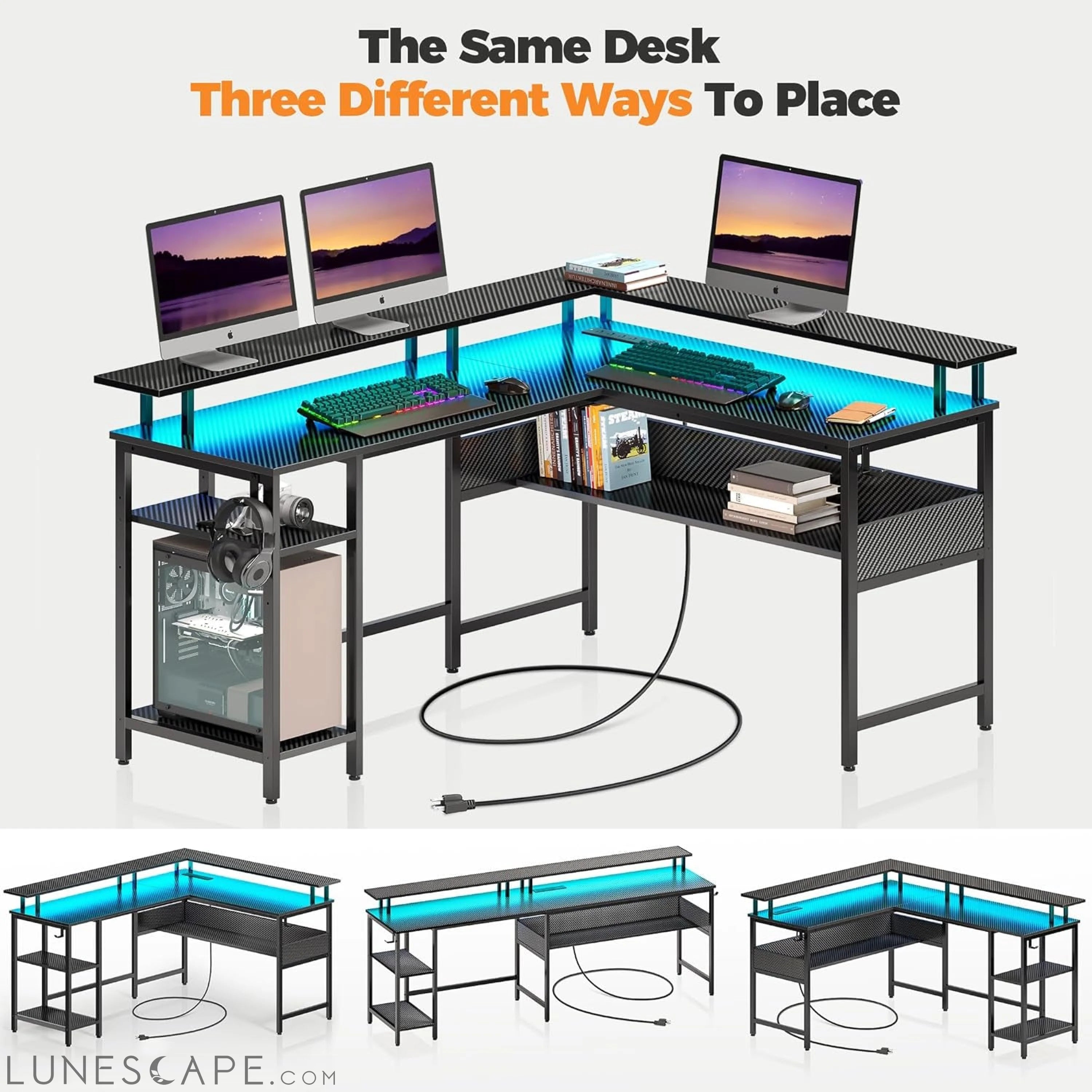 Computer Desk 56.7" with LED Lights and Power Outlets, Carbon Fiber LUNESCAPE