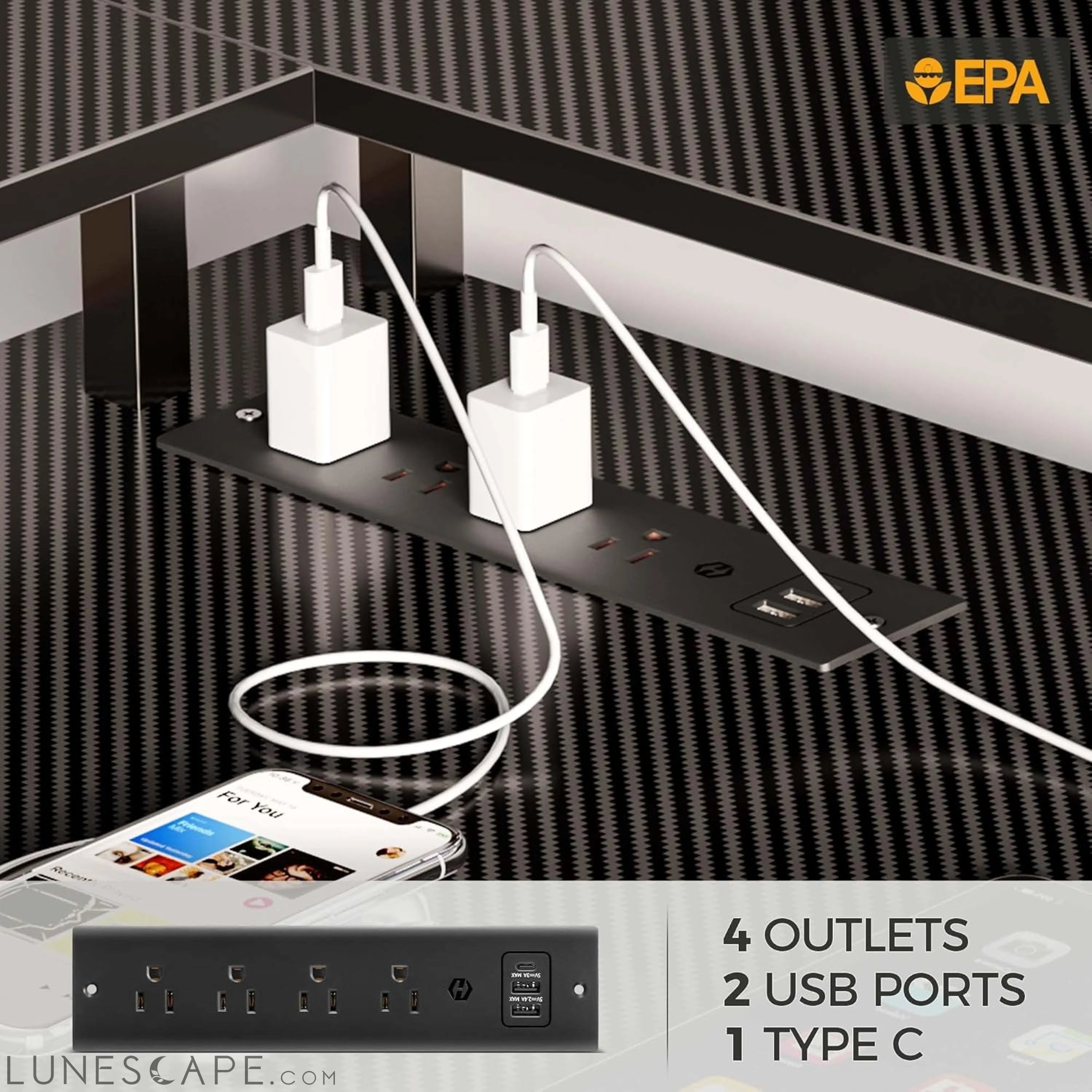 Computer Desk 56.7" with LED Lights and Power Outlets, Carbon Fiber LUNESCAPE