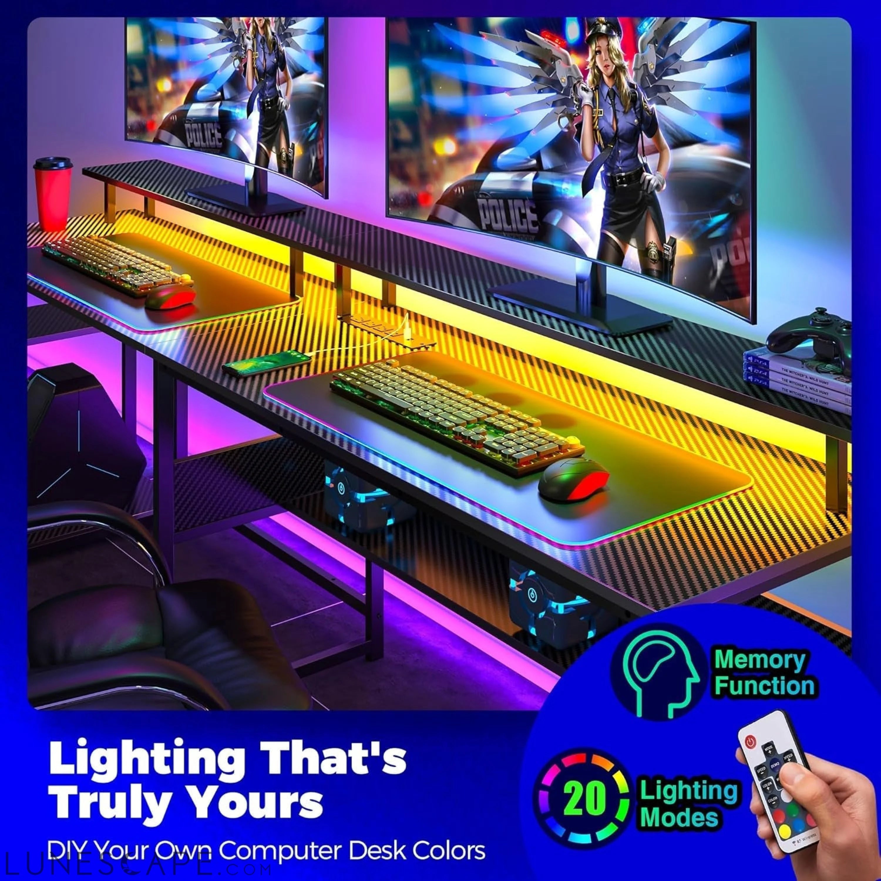 Computer Desk 56.7" with LED Lights and Power Outlets, Carbon Fiber LUNESCAPE