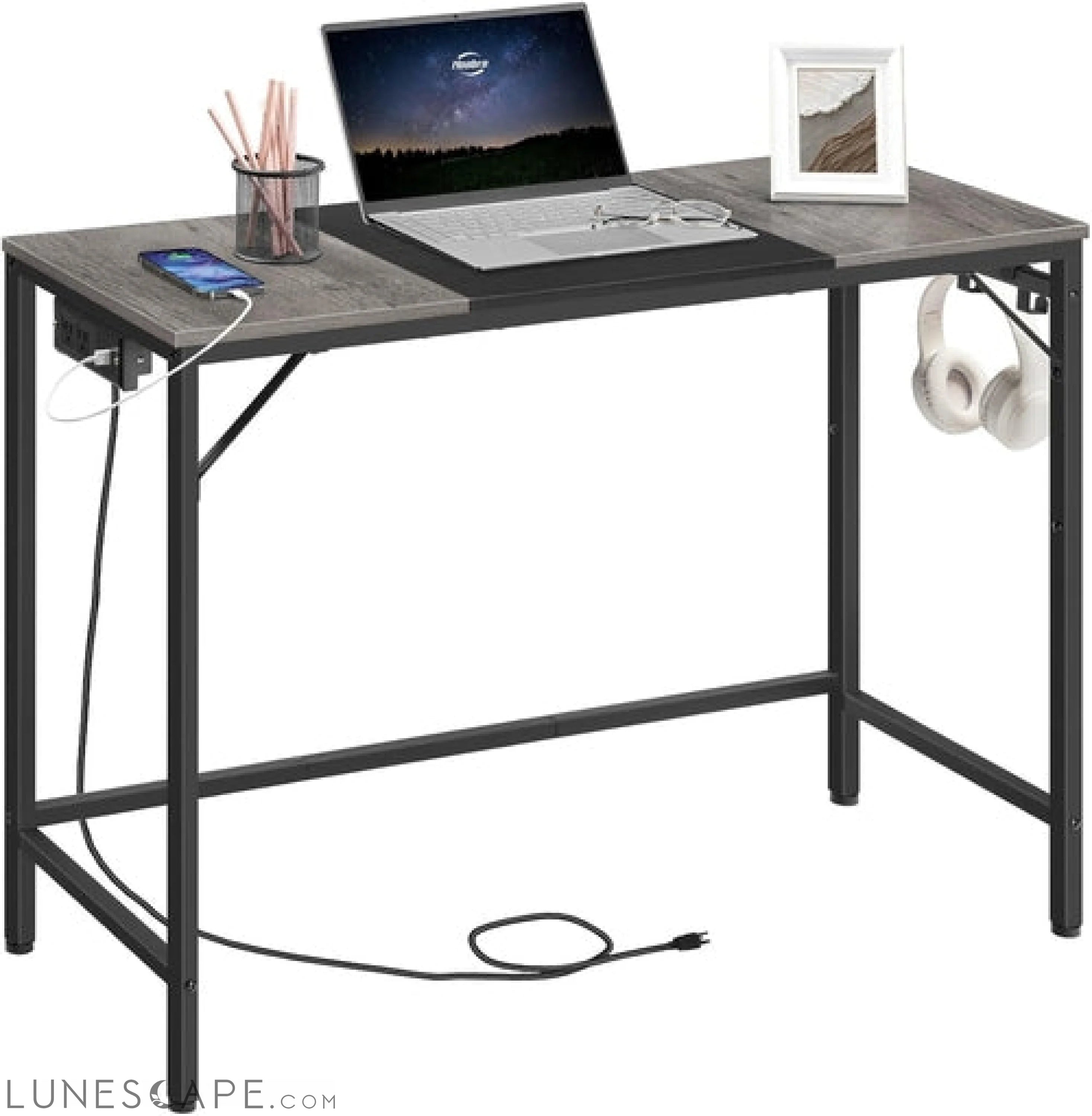 Computer Desk, Home Office Desk with Power Outlet, Modern Study LUNESCAPE