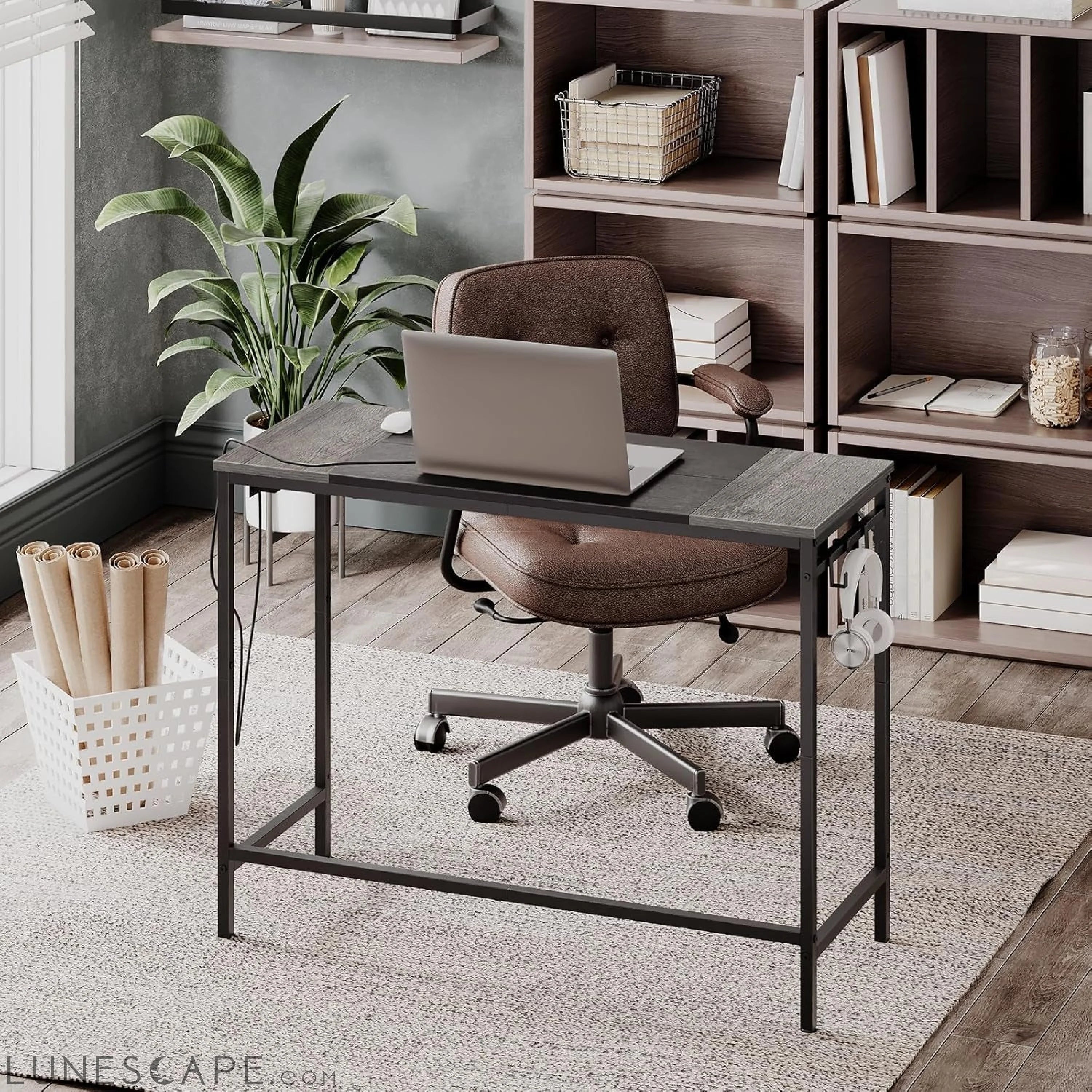 Computer Desk, Home Office Desk with Power Outlet, Modern Study LUNESCAPE
