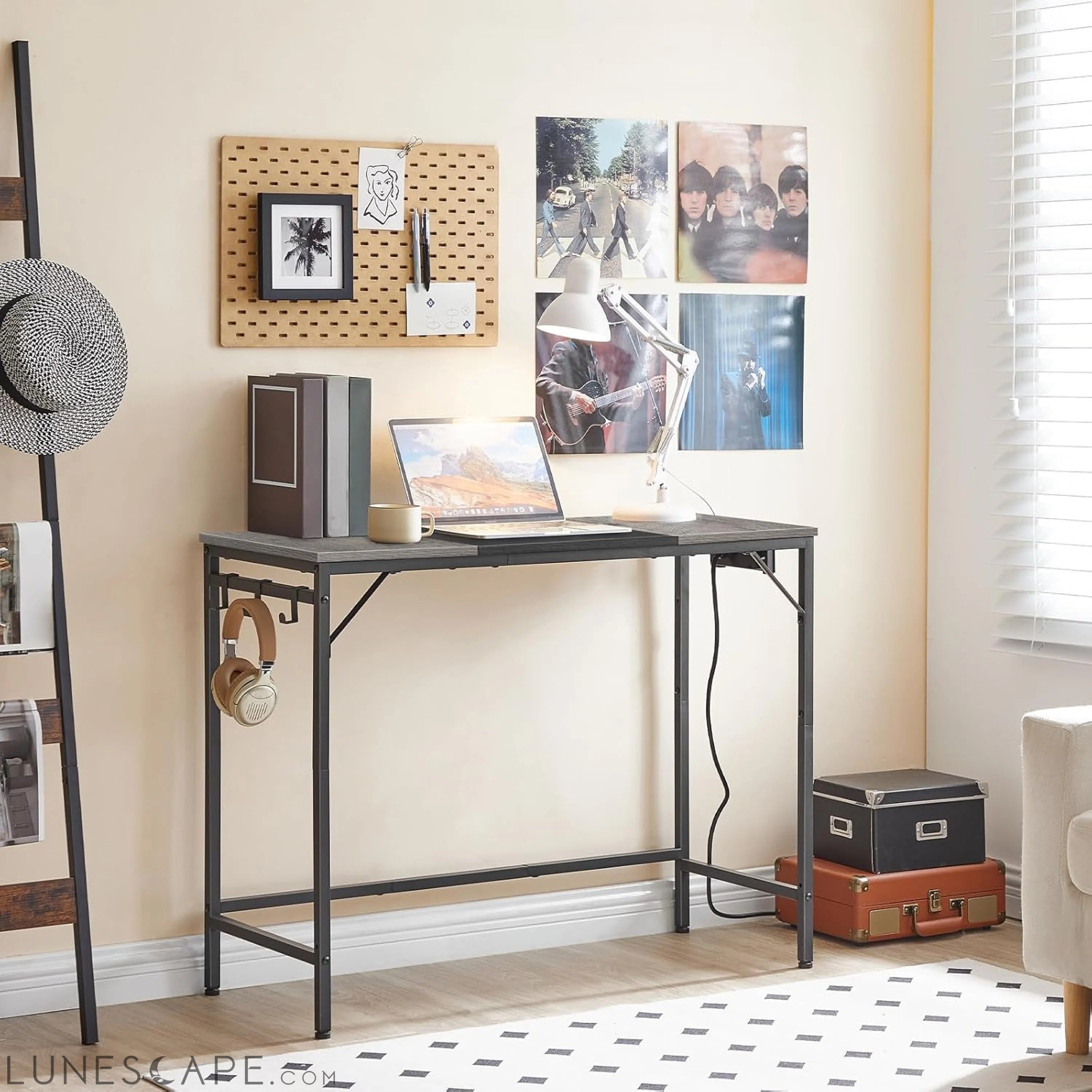 Computer Desk, Home Office Desk with Power Outlet, Modern Study LUNESCAPE