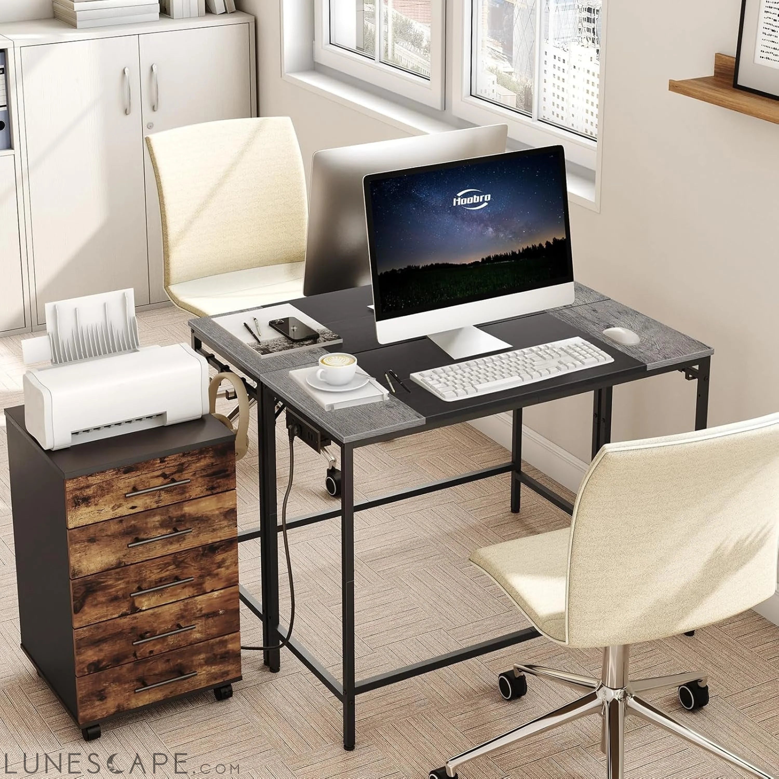 Computer Desk, Home Office Desk with Power Outlet, Modern Study LUNESCAPE