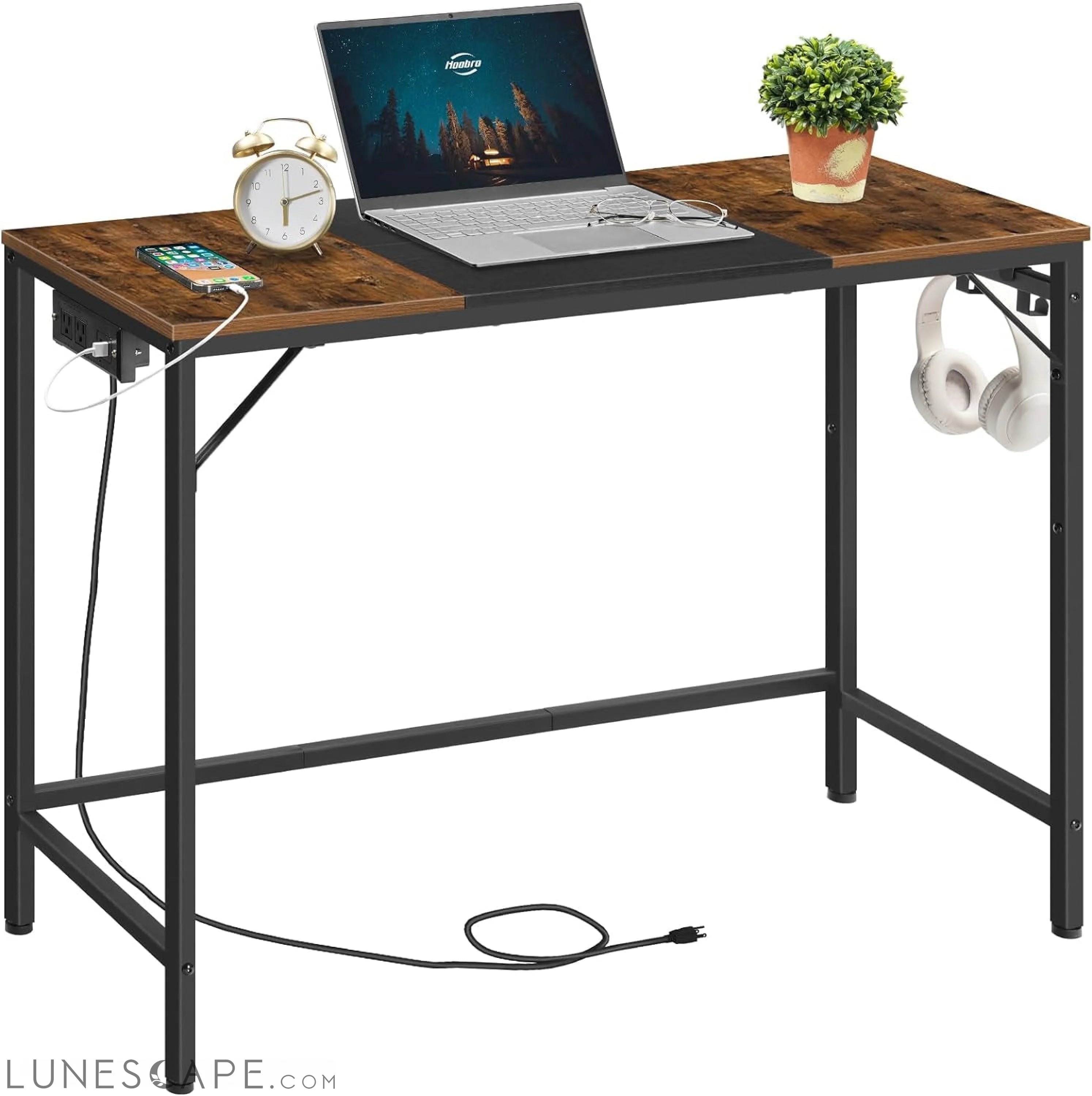 Computer Desk, Home Office Desk with Power Outlet, Modern Study LUNESCAPE
