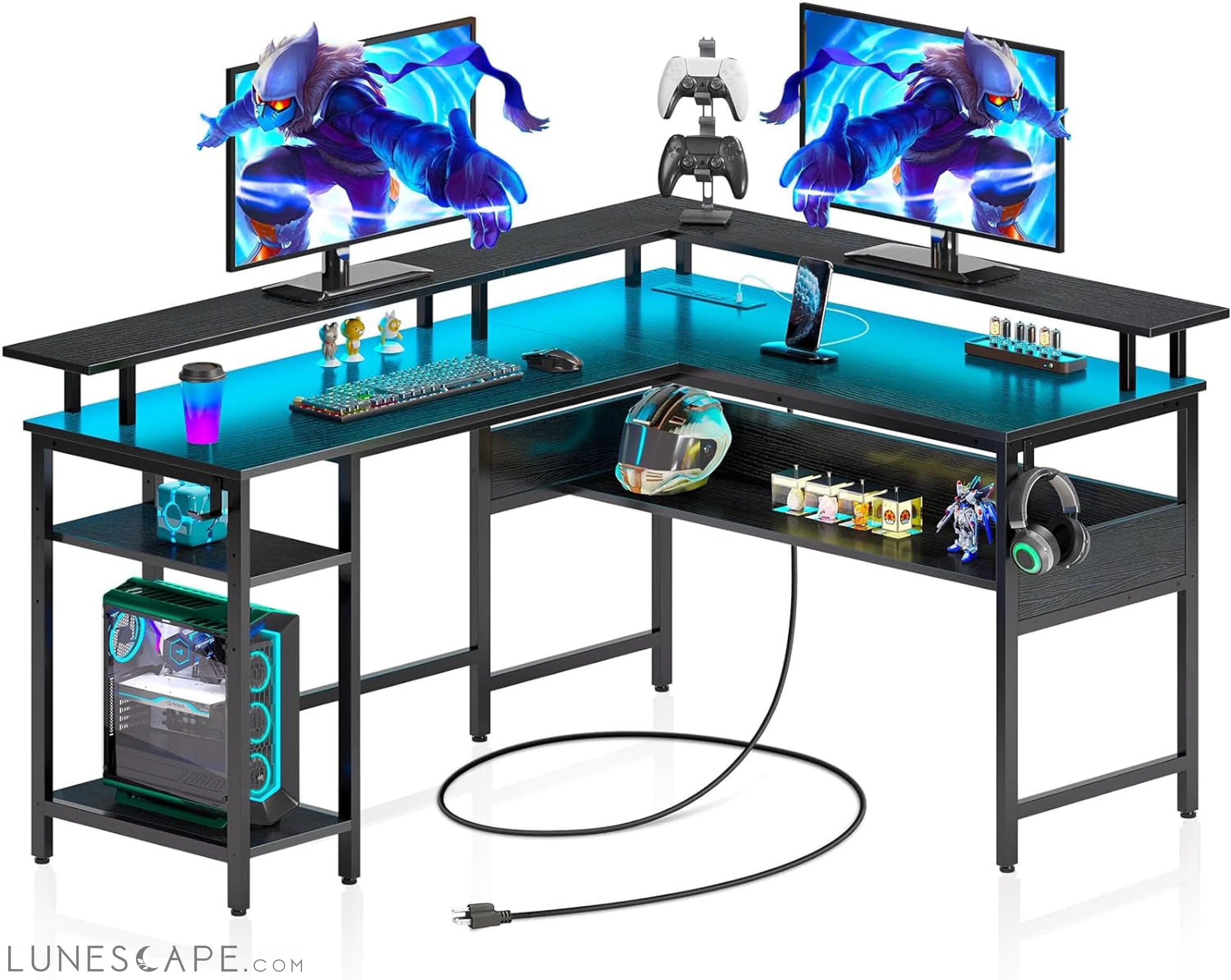 Computer Desk L Shaped 56.7" with LED Lights and Power Outlets, LUNESCAPE