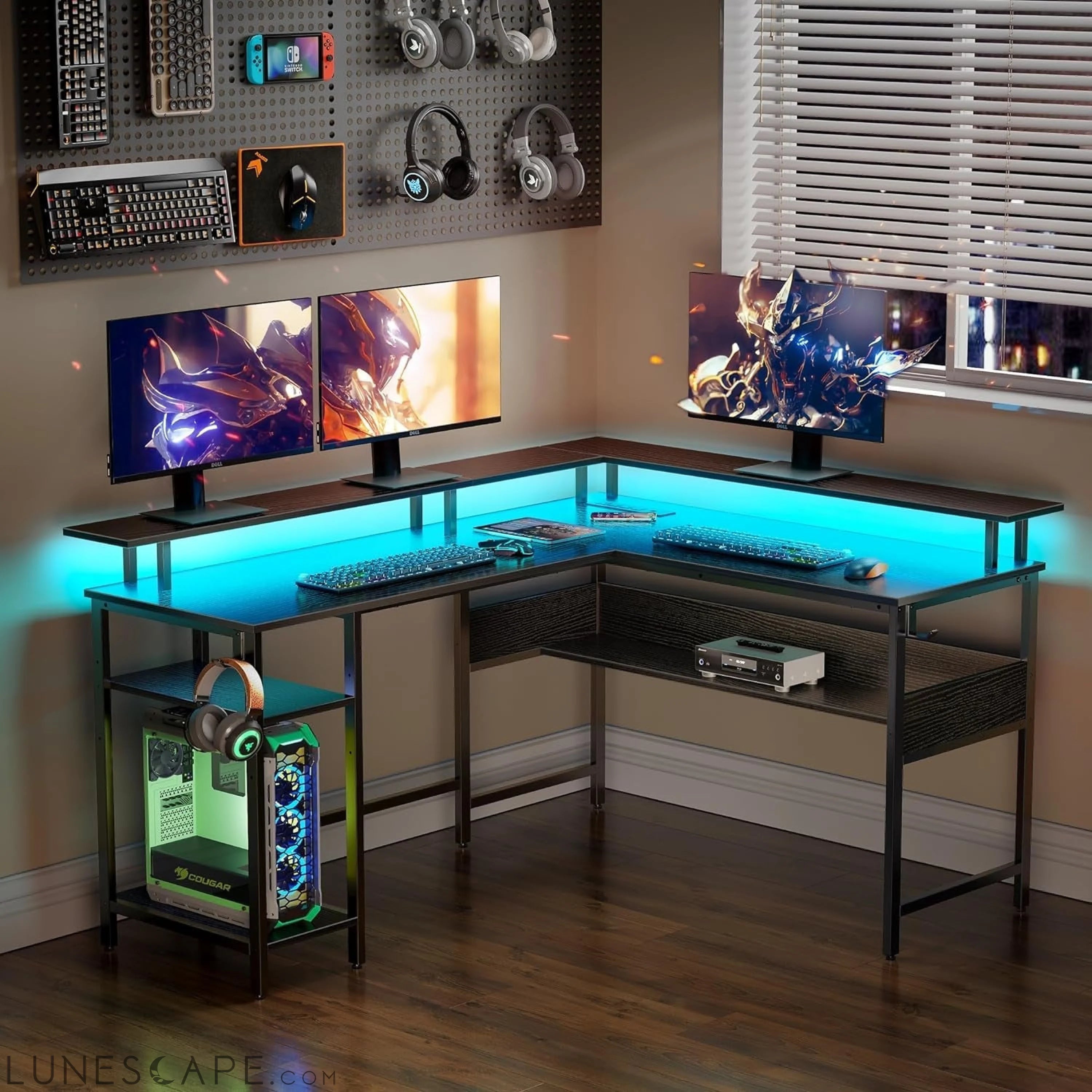 Computer Desk L Shaped 56.7" with LED Lights and Power Outlets, LUNESCAPE